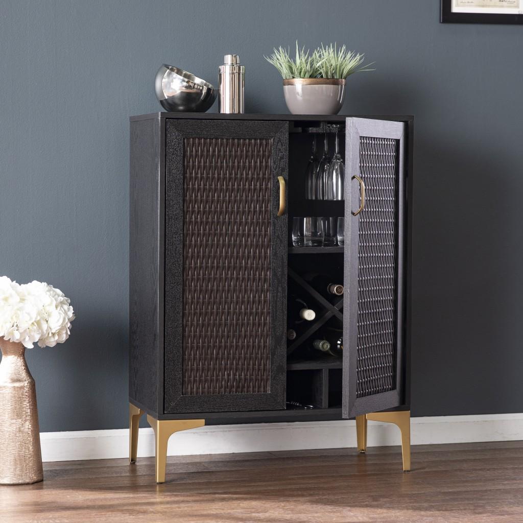 Modern Rustic Black Gold and Faux Rattan Bar Cabinet