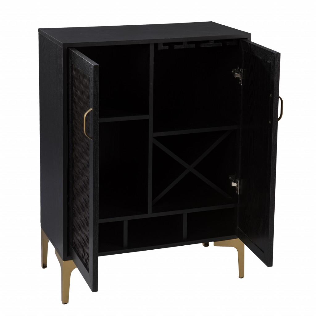 Modern Rustic Black Gold and Faux Rattan Bar Cabinet