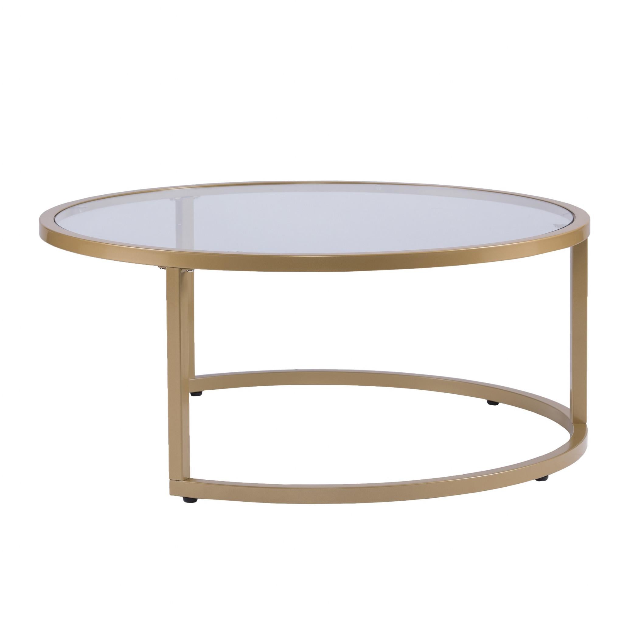 Set of Two Gold Glass Round Nested Coffee Tables