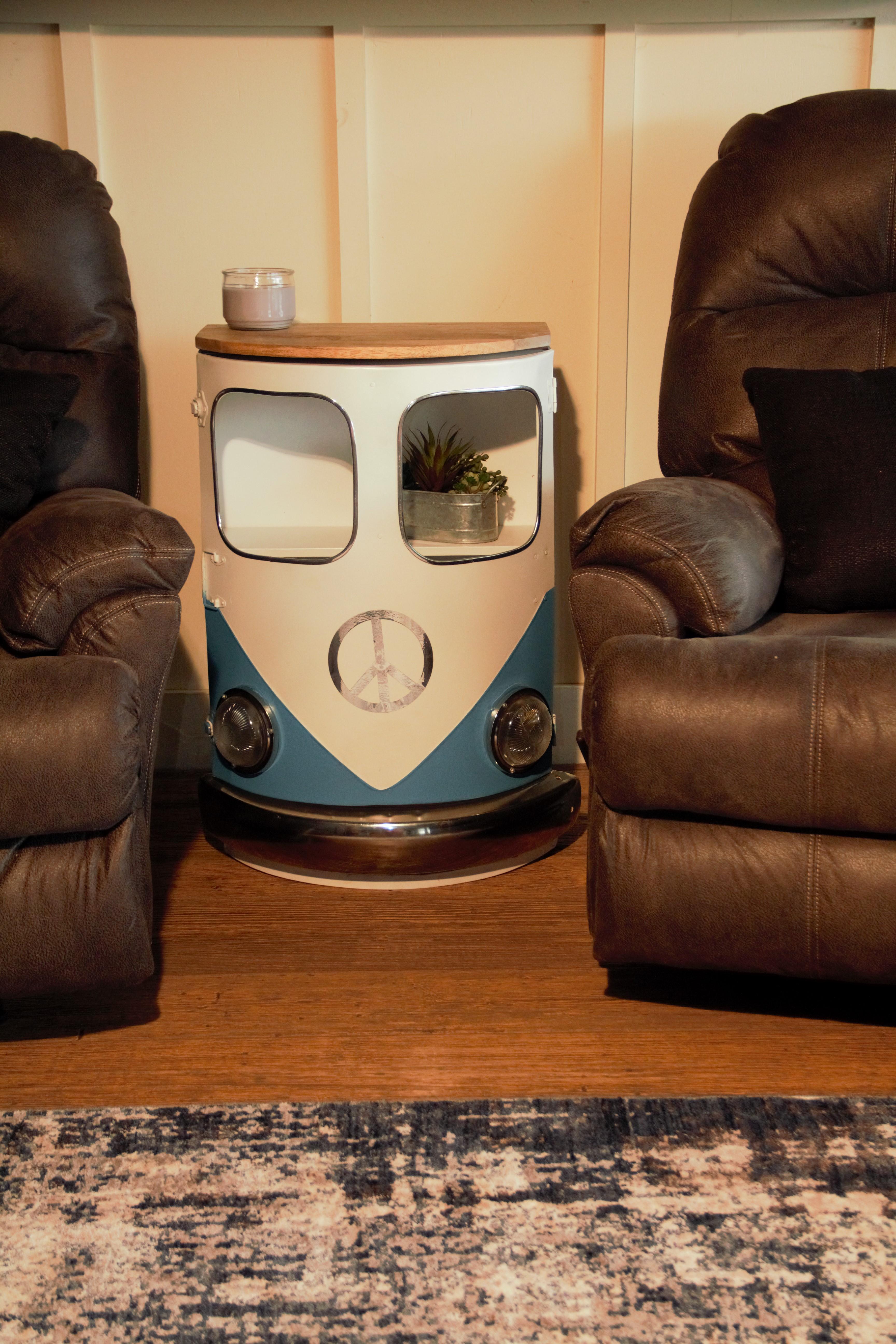 Modern Blue Metal And Wood Hippy Van Side Table