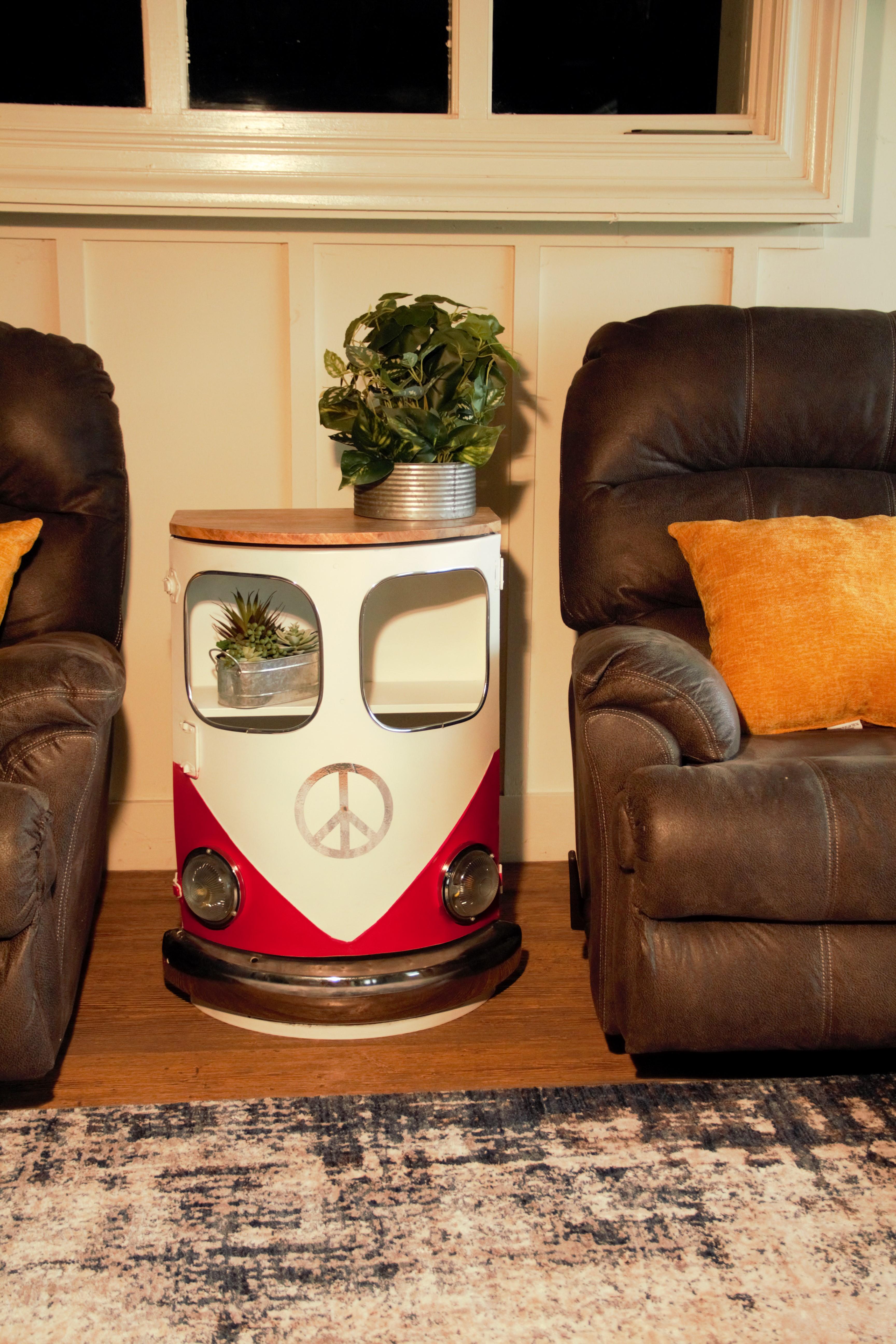 Modern Red Metal And Wood Hippy Van Side Table