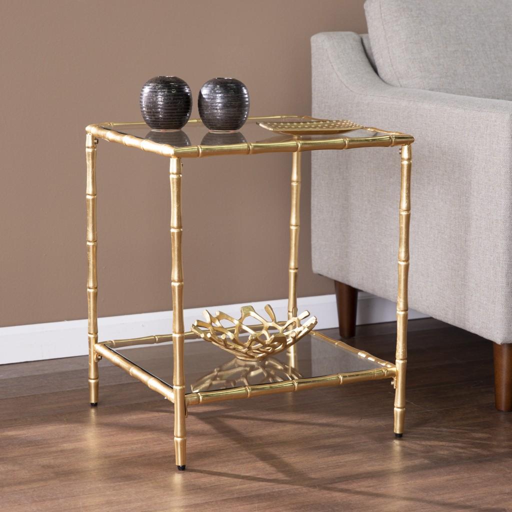 23" Gold Glass Top Square End Table With Shelf Default Title