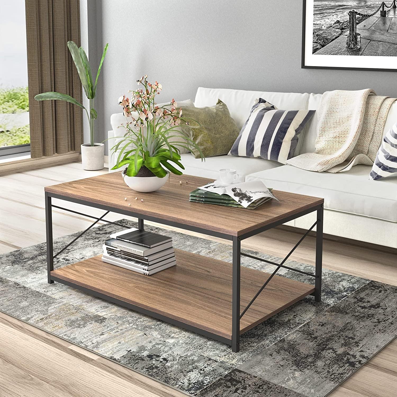 Mod Walnut and Black Coffee Table with Shelf