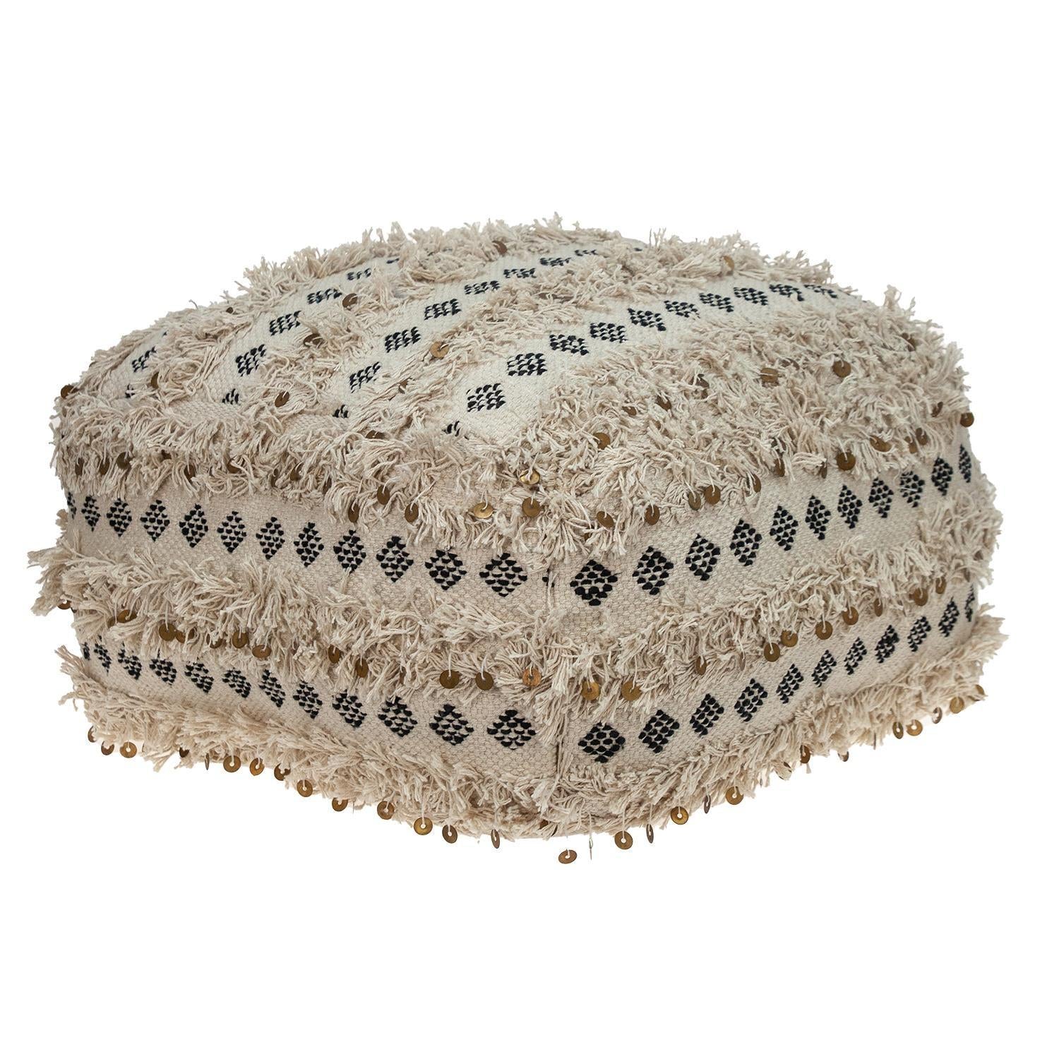 Boho Fringed Beige and Black Handwoven Pouff Ottoman