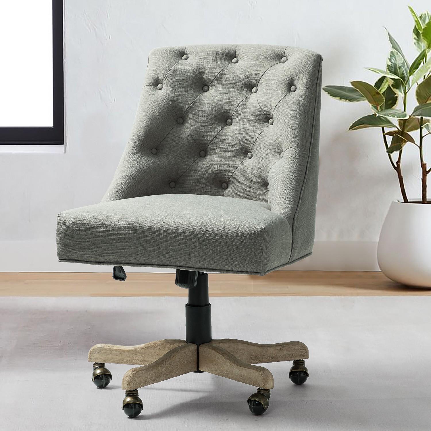 Gray Tufted Back Linen Style Rolling Office Chair