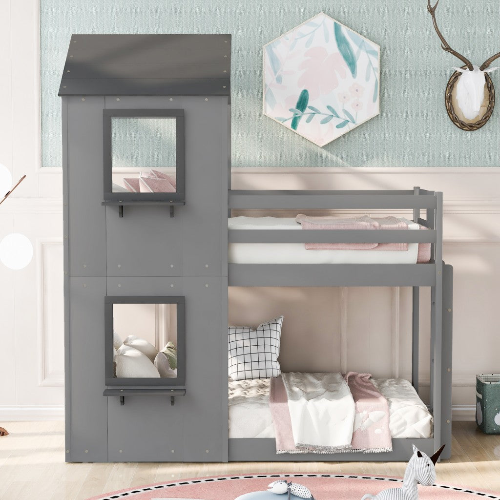 Gray Twin Over Twin House Bunk Bed with Windows and Roof Default Title