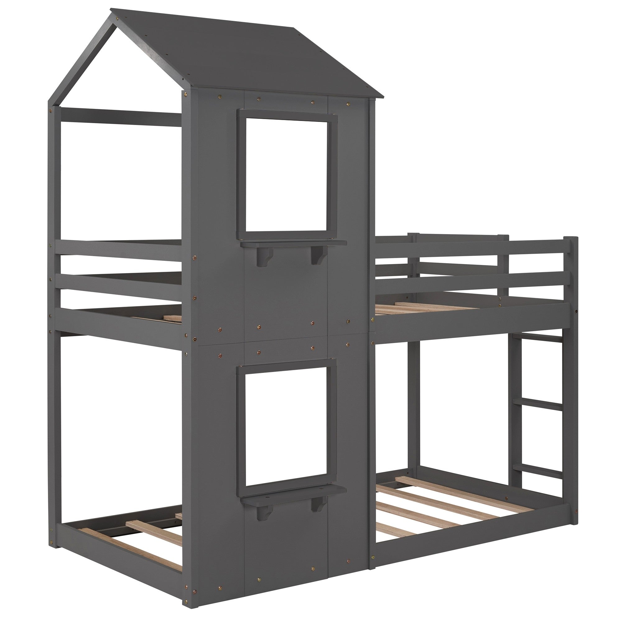 Gray Twin Over Twin House Bunk Bed with Windows and Roof Default Title