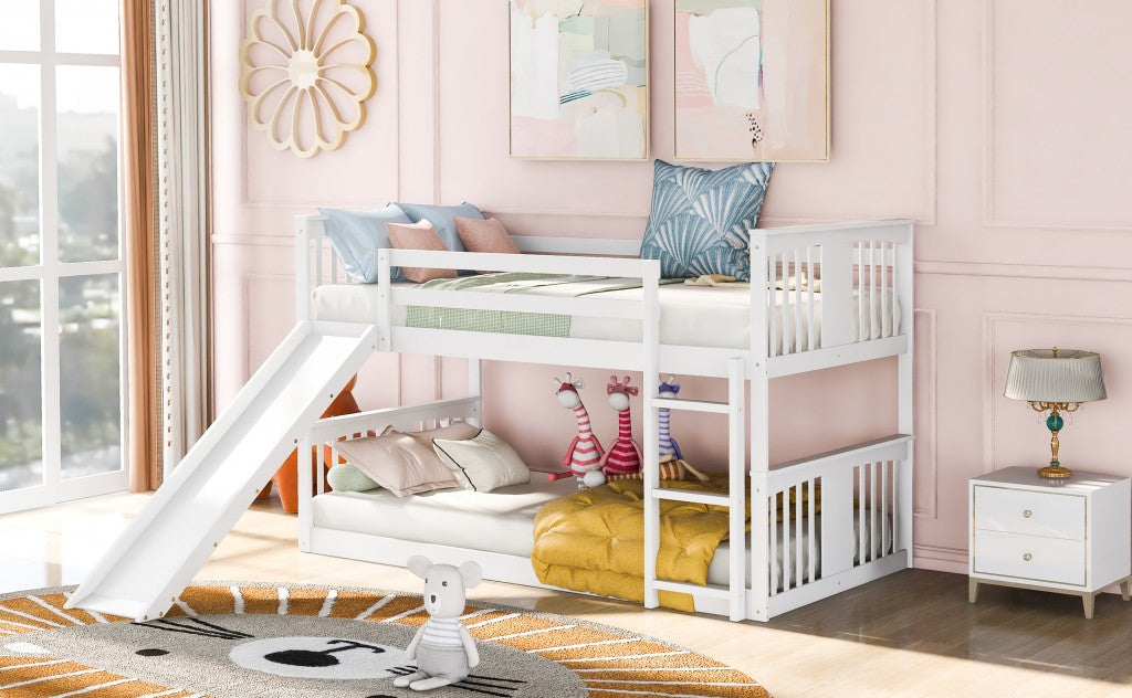 White Classic Twin Over Twin Bunk Bed with Ladder and Slide