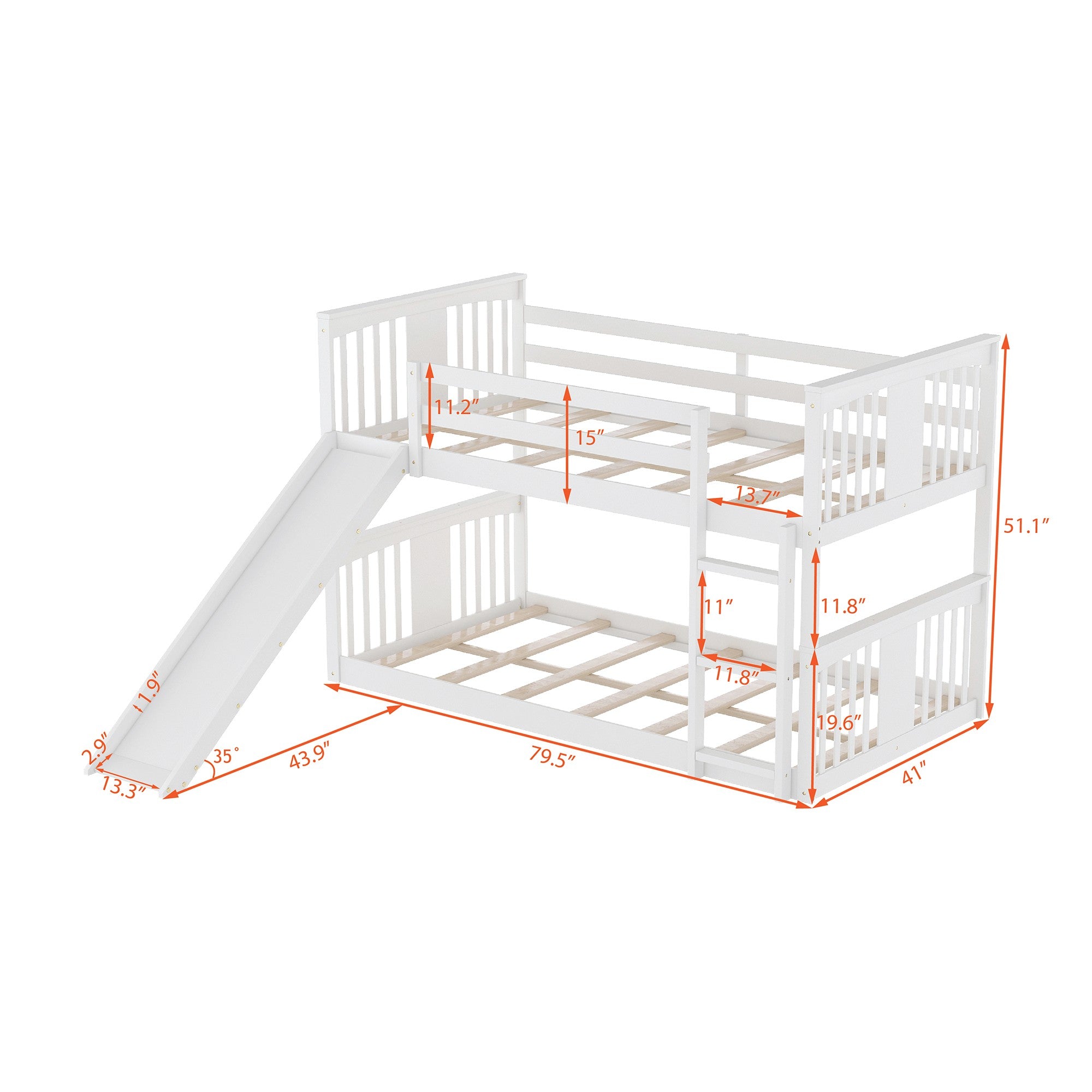 White Classic Twin Over Twin Bunk Bed with Ladder and Slide