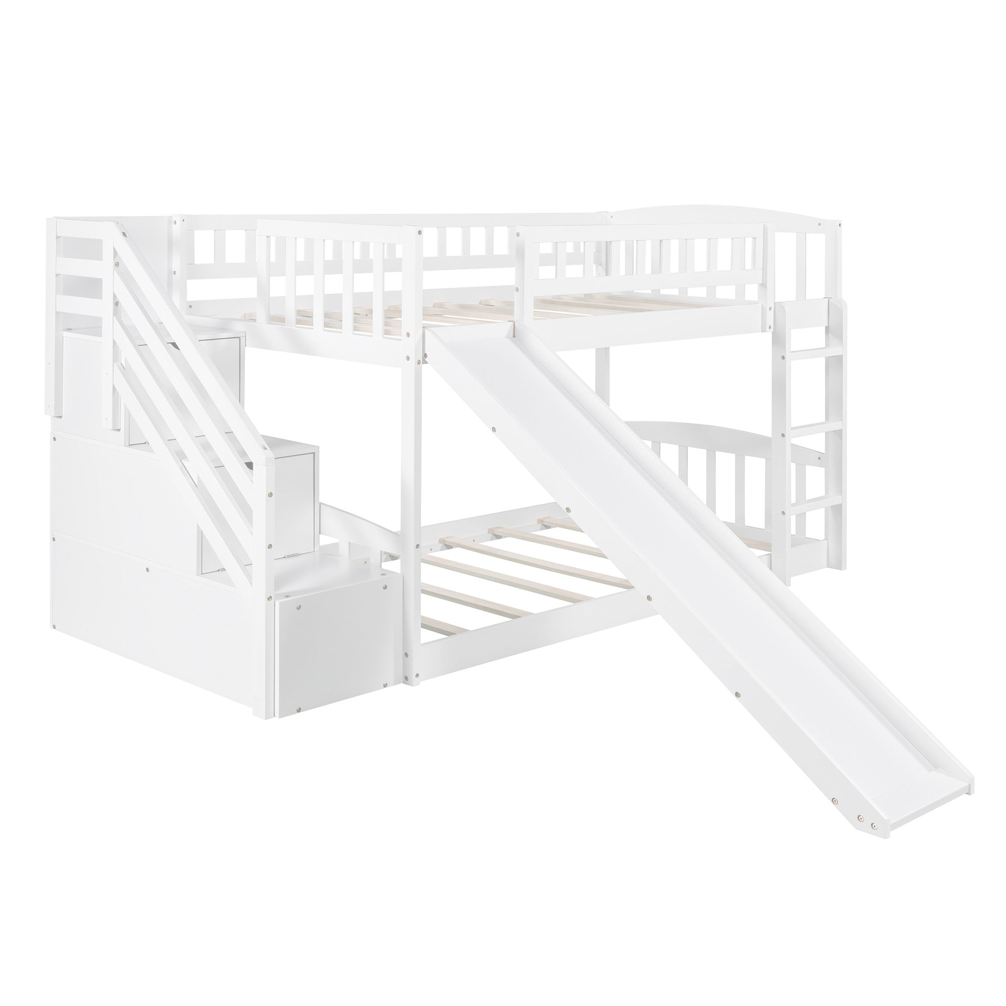 White Twin Over Twin Bunk Bed with Storage Stairs and Slide