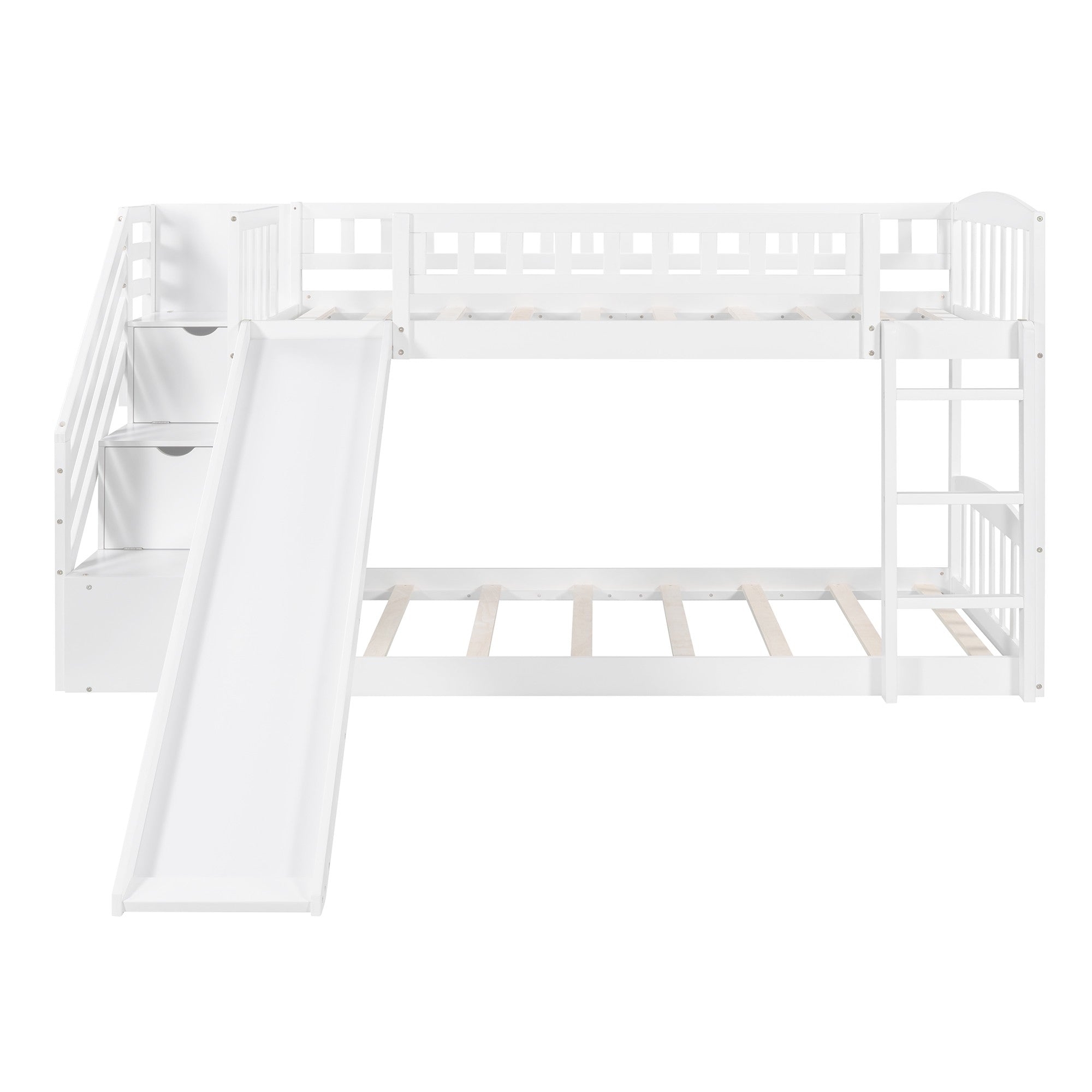 White Twin Over Twin Bunk Bed with Storage Stairs and Slide