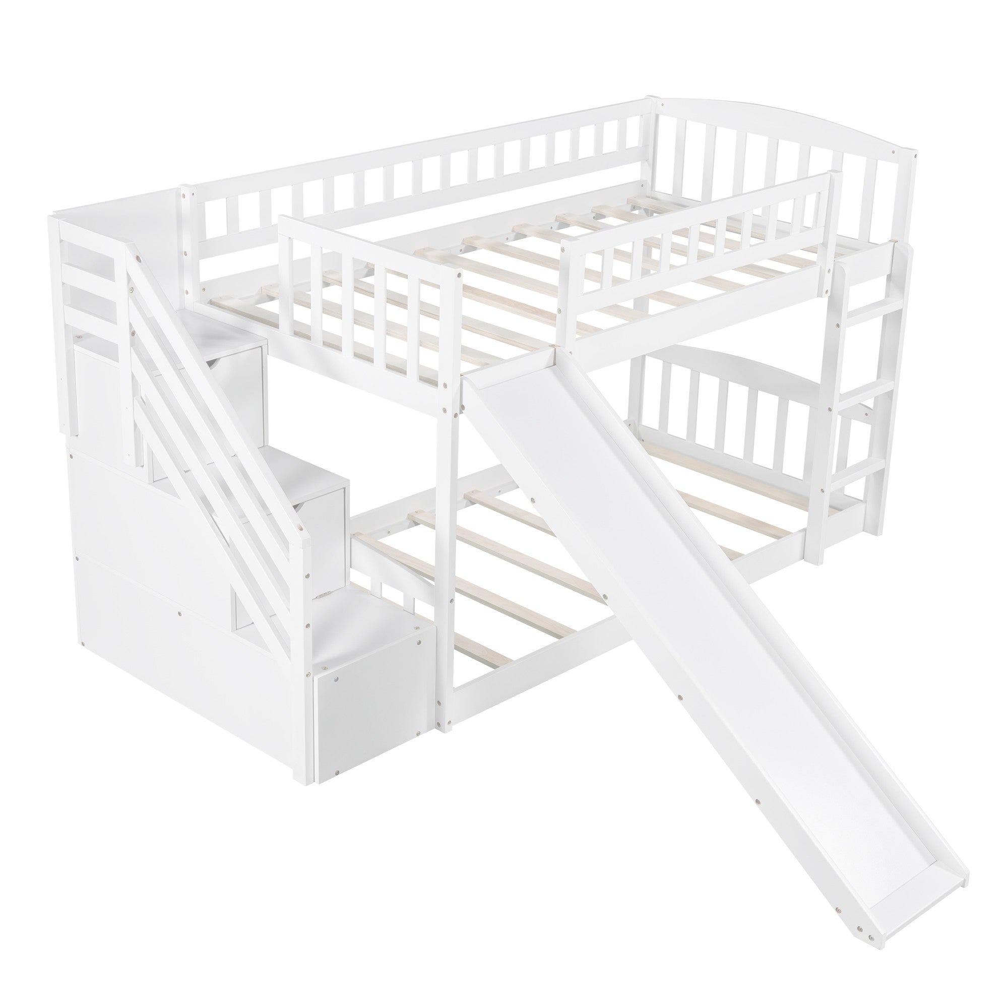 White Twin Over Twin Bunk Bed with Storage Stairs and Slide