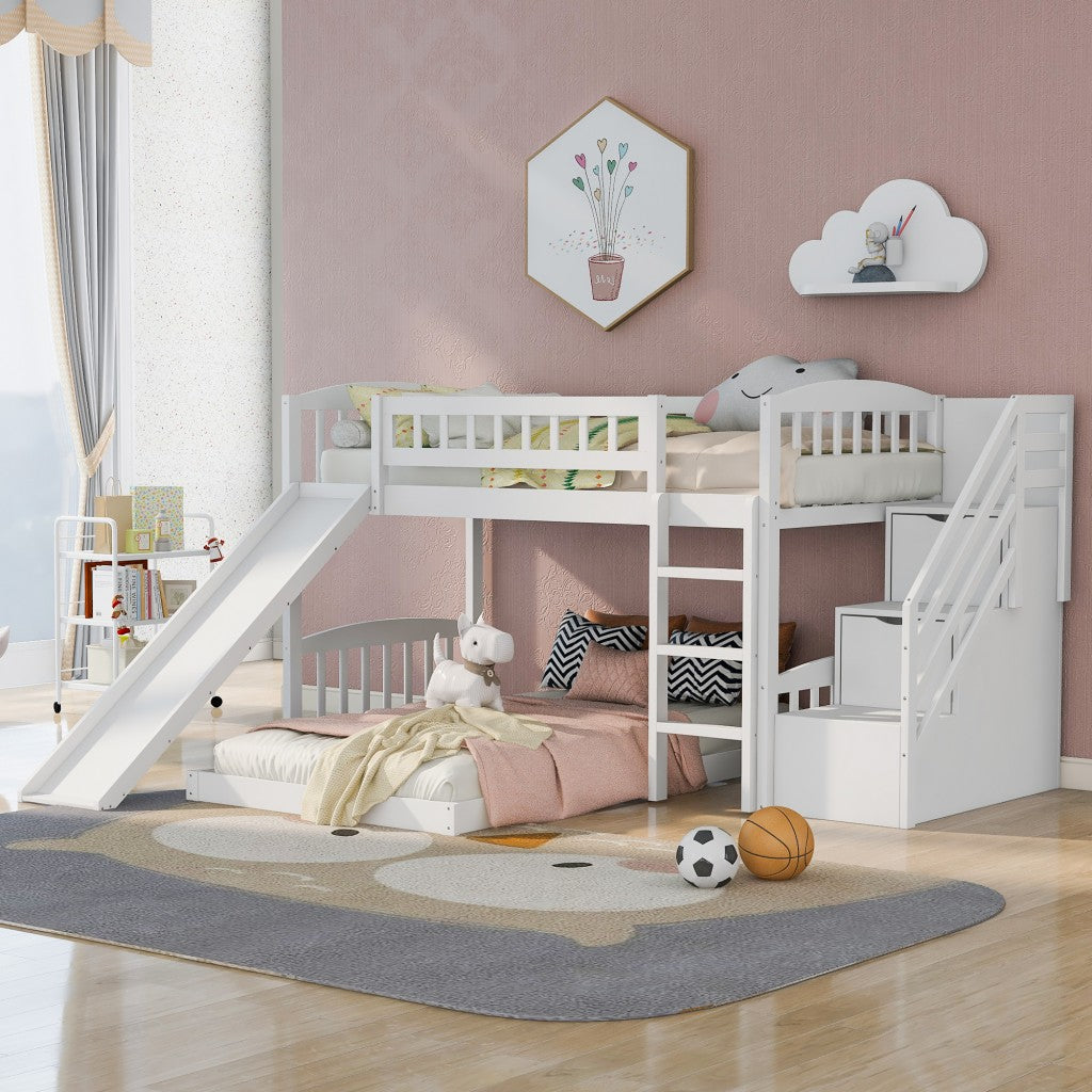 White Twin Over Twin Perpendicular Bunk Bed with Storage Stairs and Slide Default Title