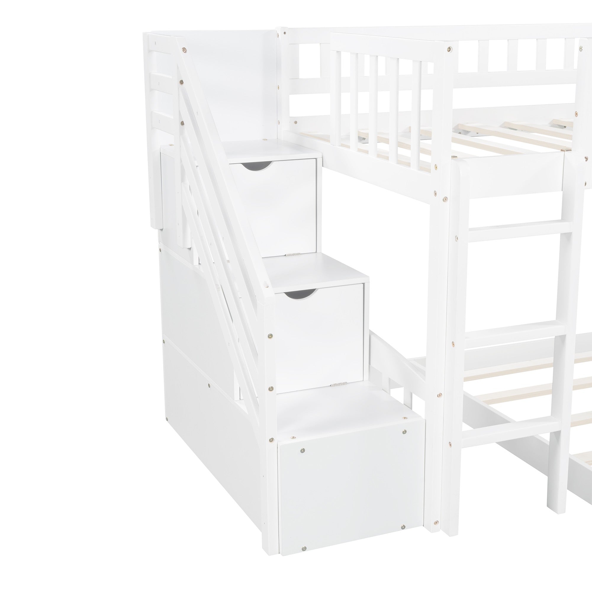 White Twin Over Twin Perpendicular Bunk Bed with Storage Stairs and Slide Default Title