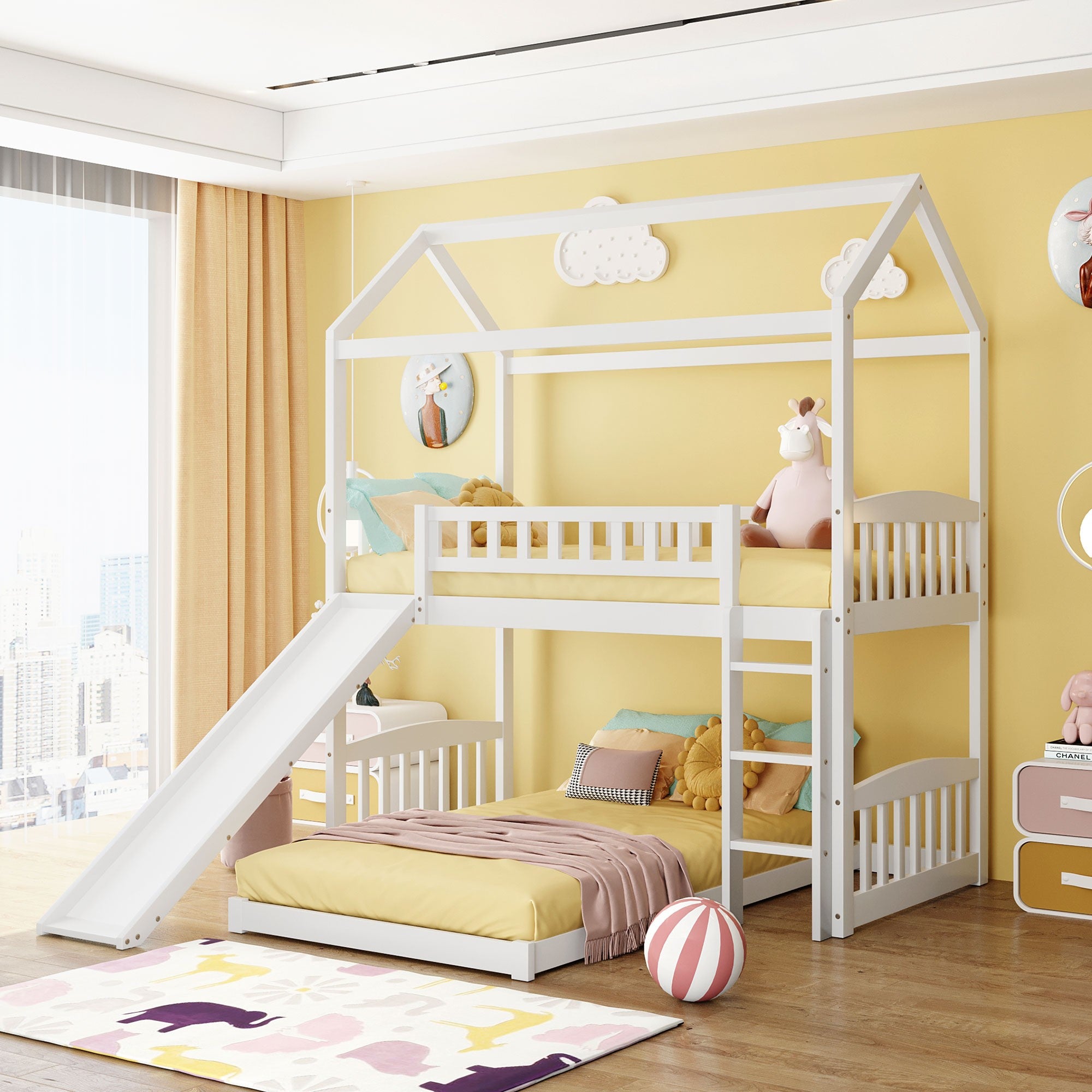 White Playhouse Frame Full Over Full Perpendicular Bunk Bed with Slide Default Title