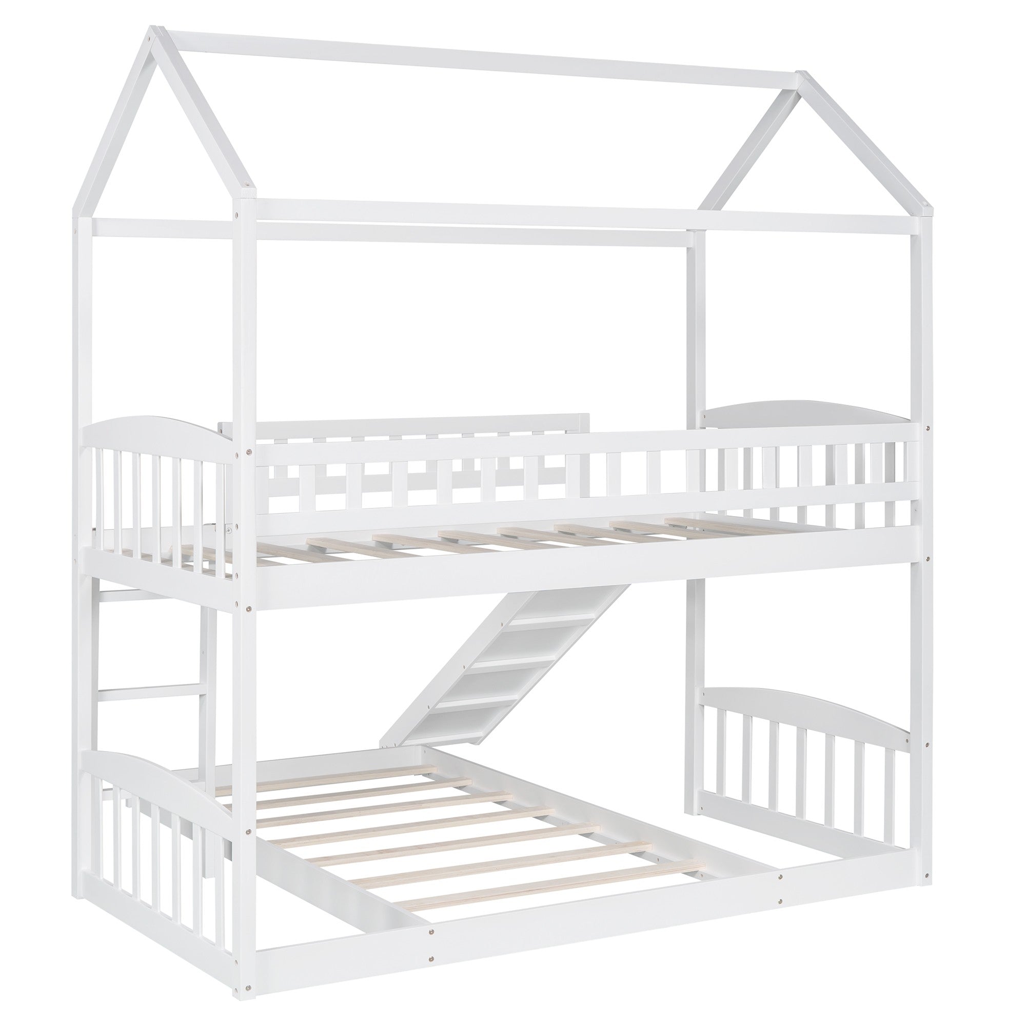 White Playhouse Frame Full Over Full Perpendicular Bunk Bed with Slide Default Title