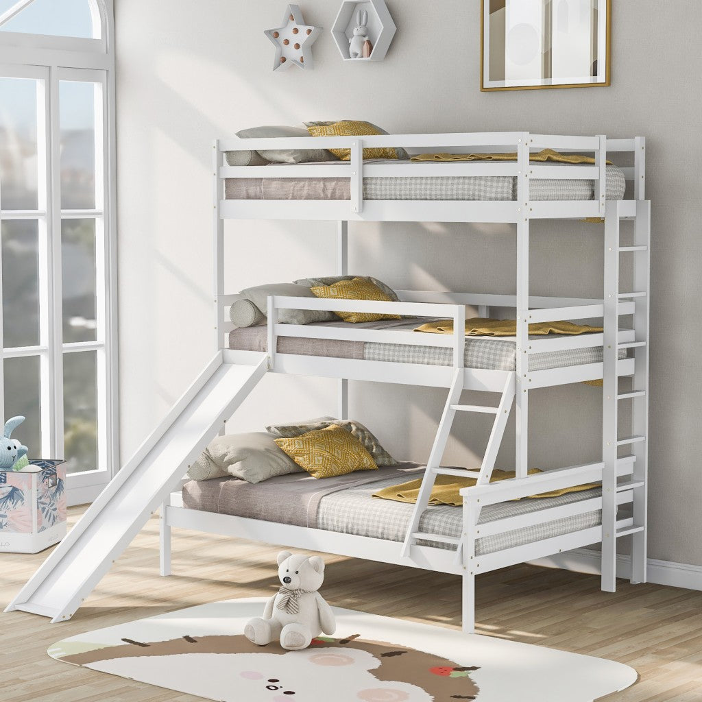 White Twin Over Twin Over Full Triple Bunk Bed with Slide