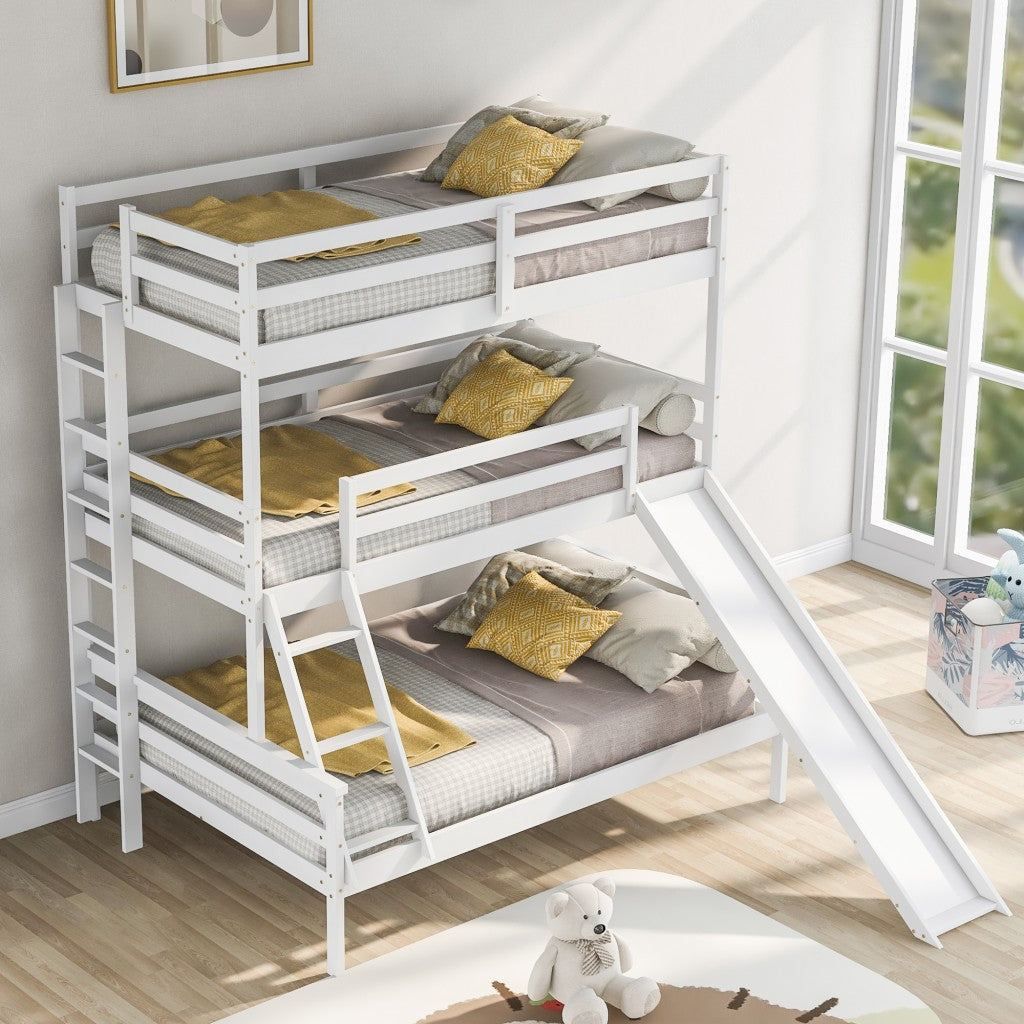 White Twin Over Twin Over Full Triple Bunk Bed with Slide