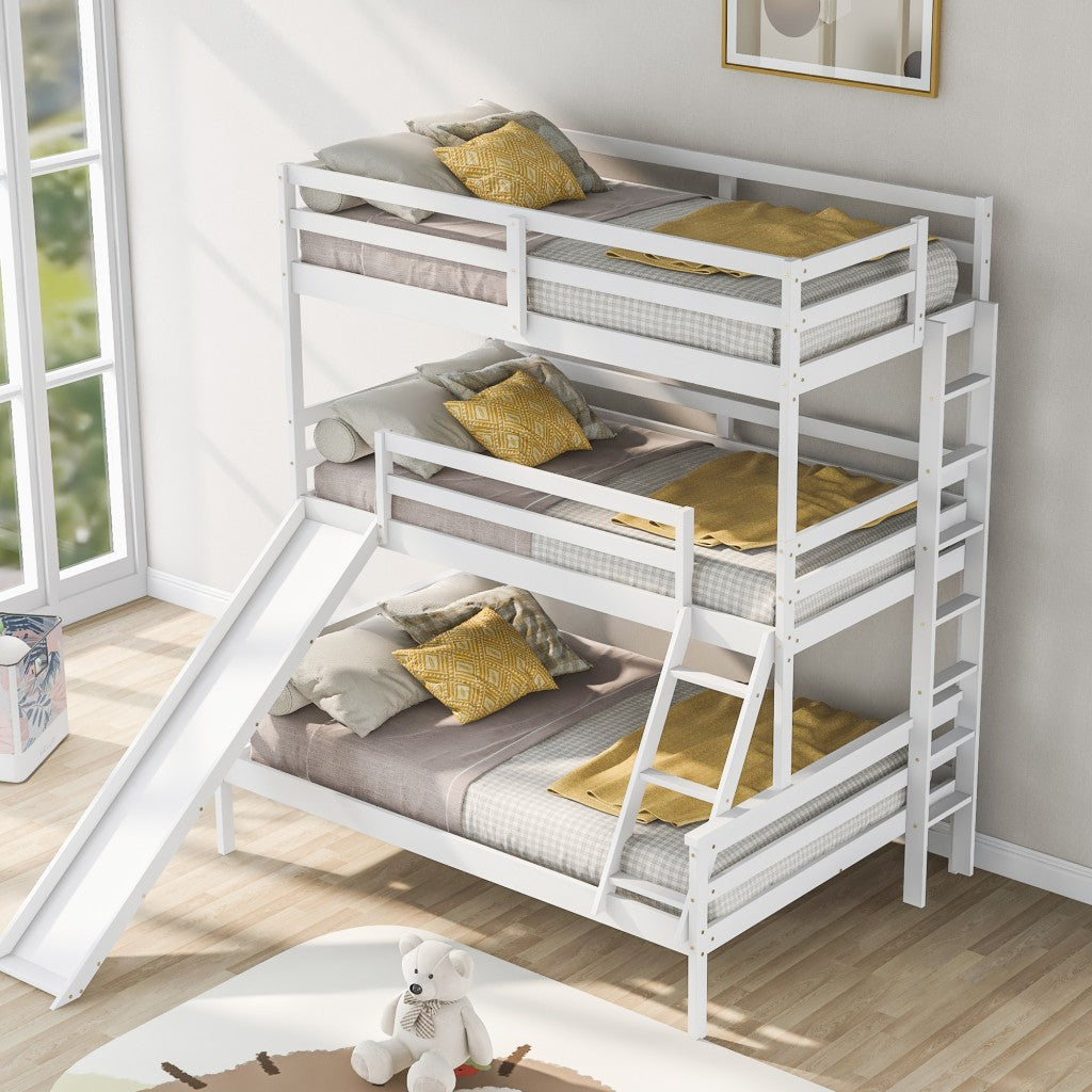 White Twin Over Twin Over Full Triple Bunk Bed with Slide