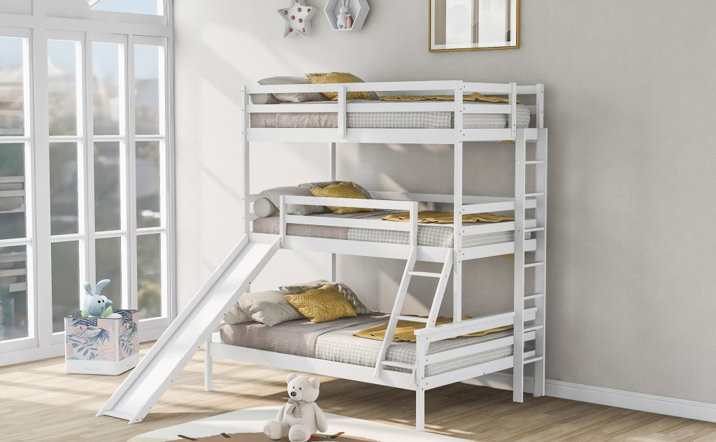 White Twin Over Twin Over Full Triple Bunk Bed with Slide