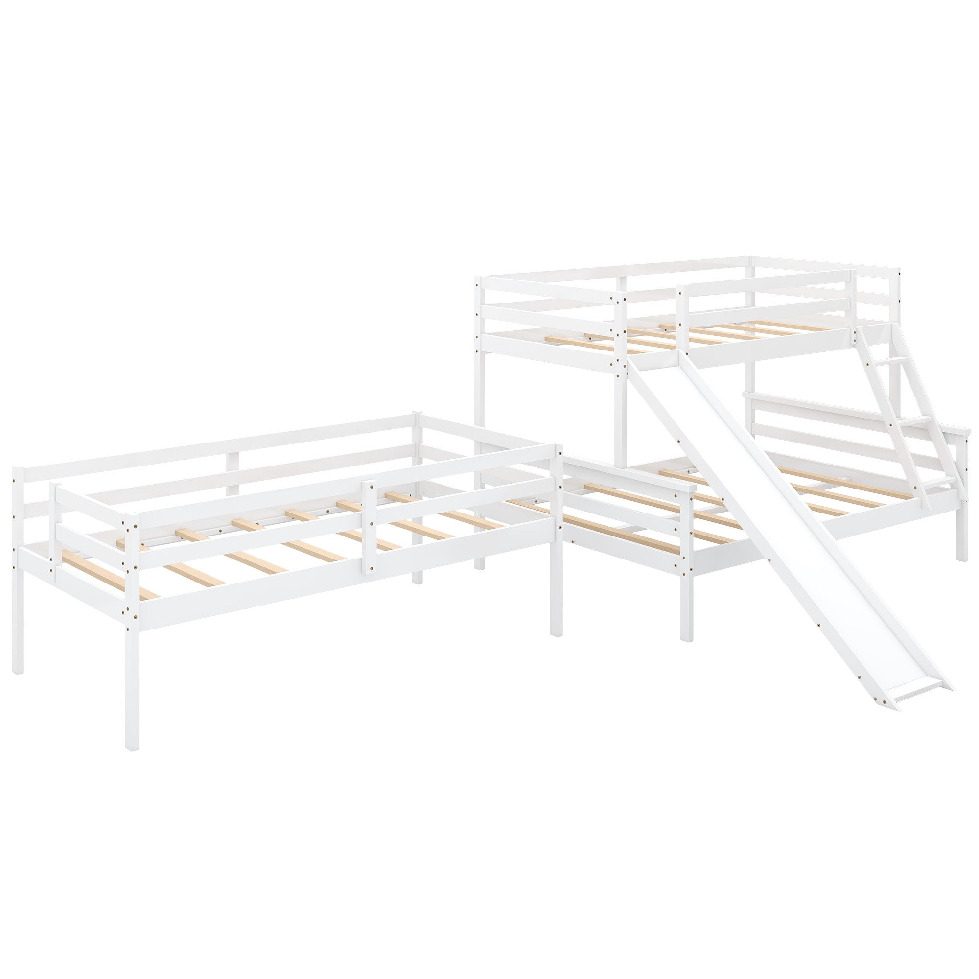 White Twin Over Twin Over Full Triple Bunk Bed with Slide