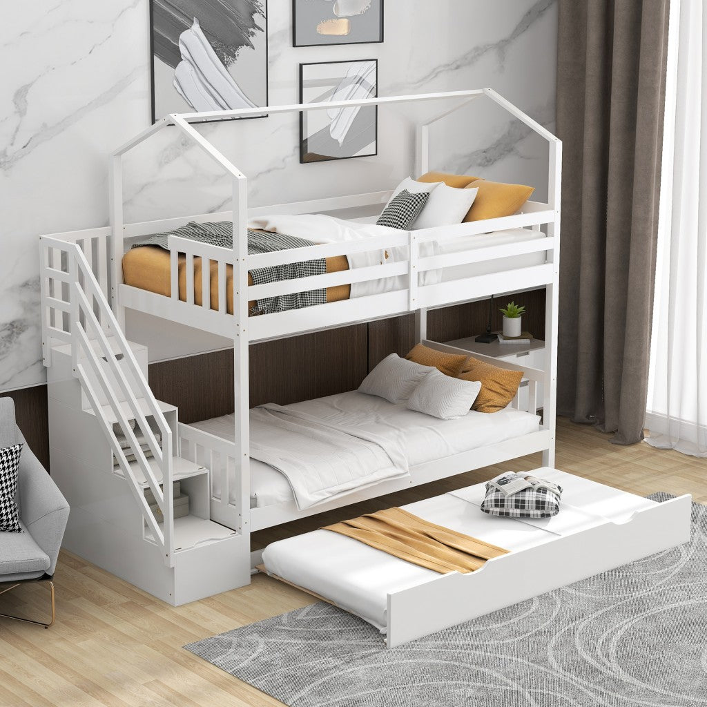 White Twin Over Twin Playhouse Bunk Bed with Trundle and Staircase Default Title