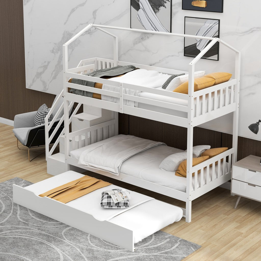 White Twin Over Twin Playhouse Bunk Bed with Trundle and Staircase Default Title