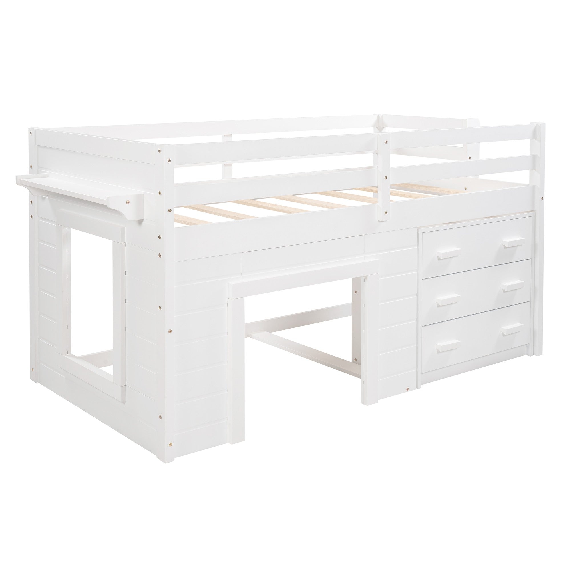 White Twin Size Loft Bed with Playhouse and Drawers