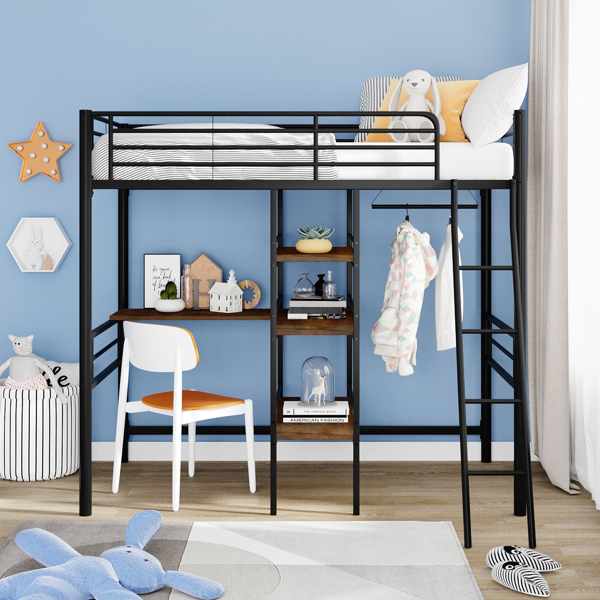 Black Twin Size Metal Loft Bed with Built in Wooden Shelves and Desk