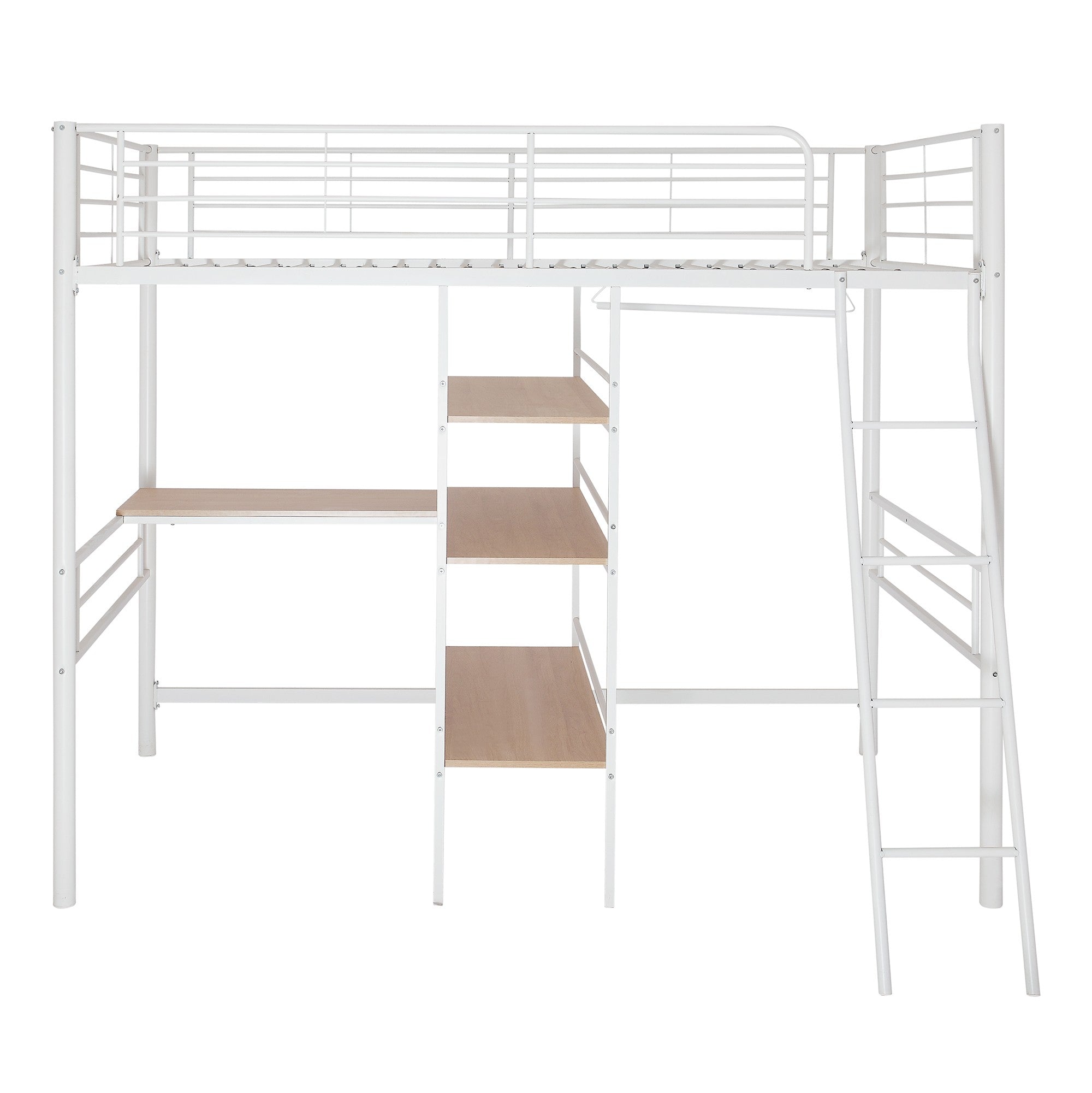 White Twin Size Metal Loft Bed with Built in Wooden Shelves and Desk