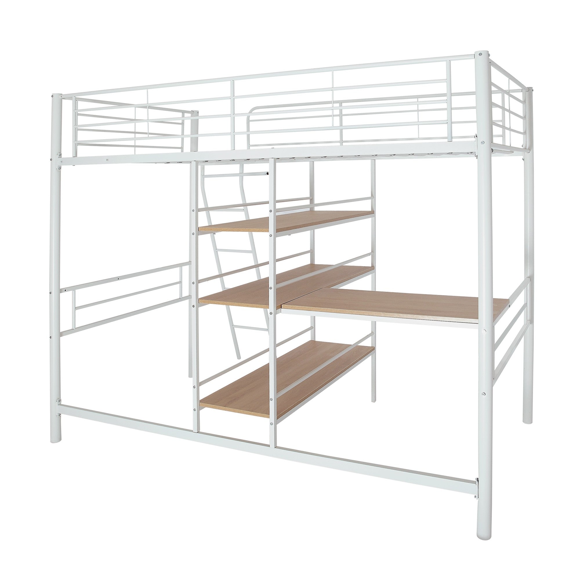 White Twin Size Metal Loft Bed with Built in Wooden Shelves and Desk