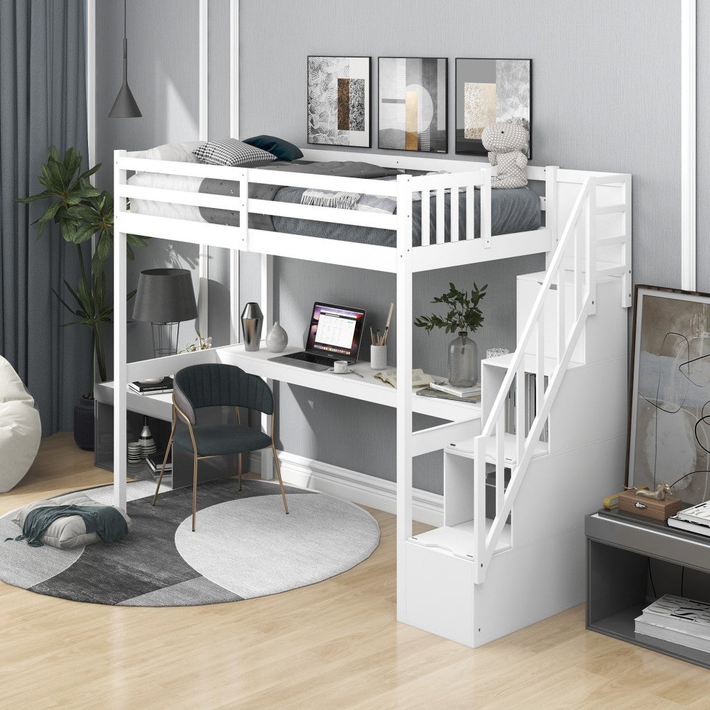 White Twin Size Loft Bed with Built In Desk and Stairway