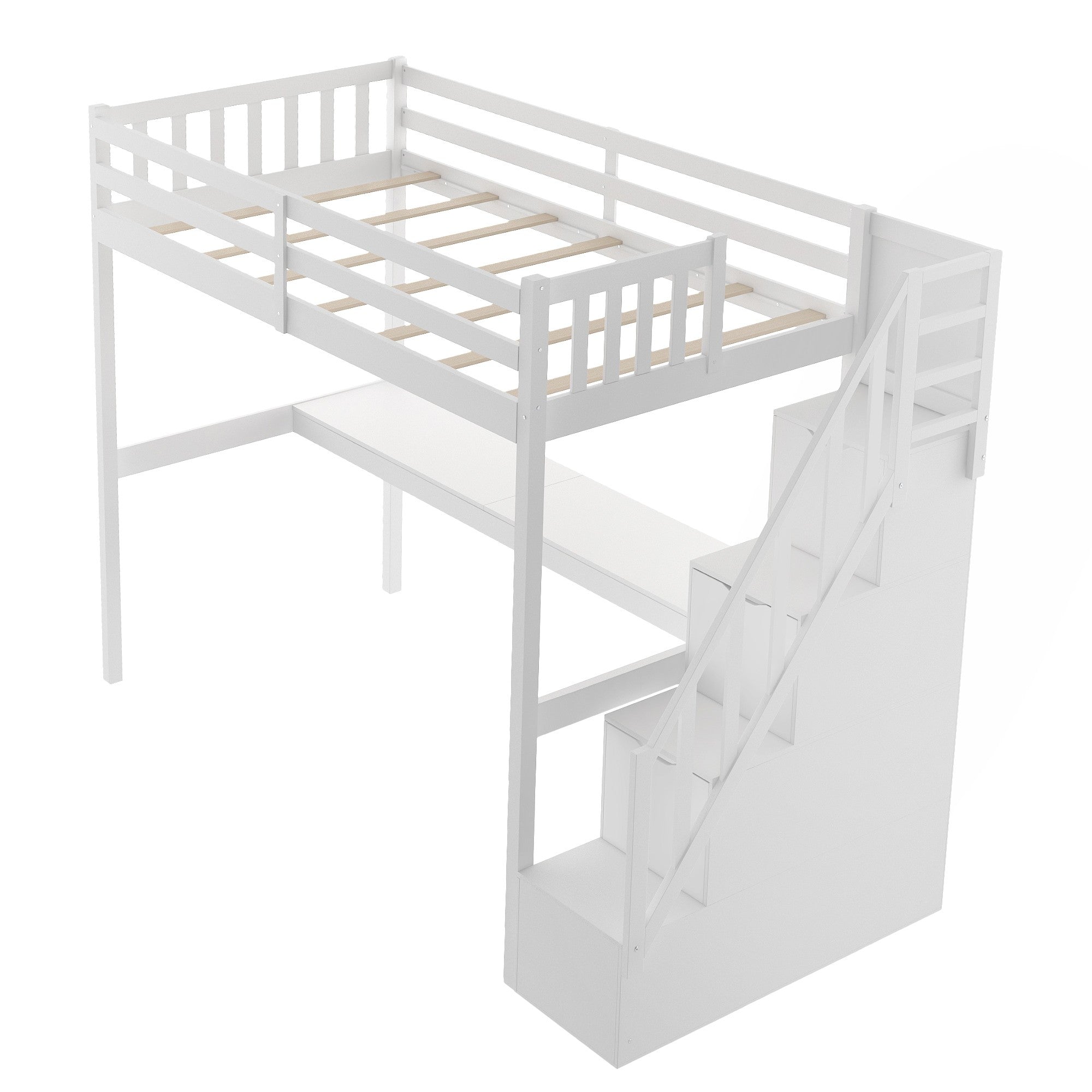 White Twin Size Loft Bed with Built In Desk and Stairway