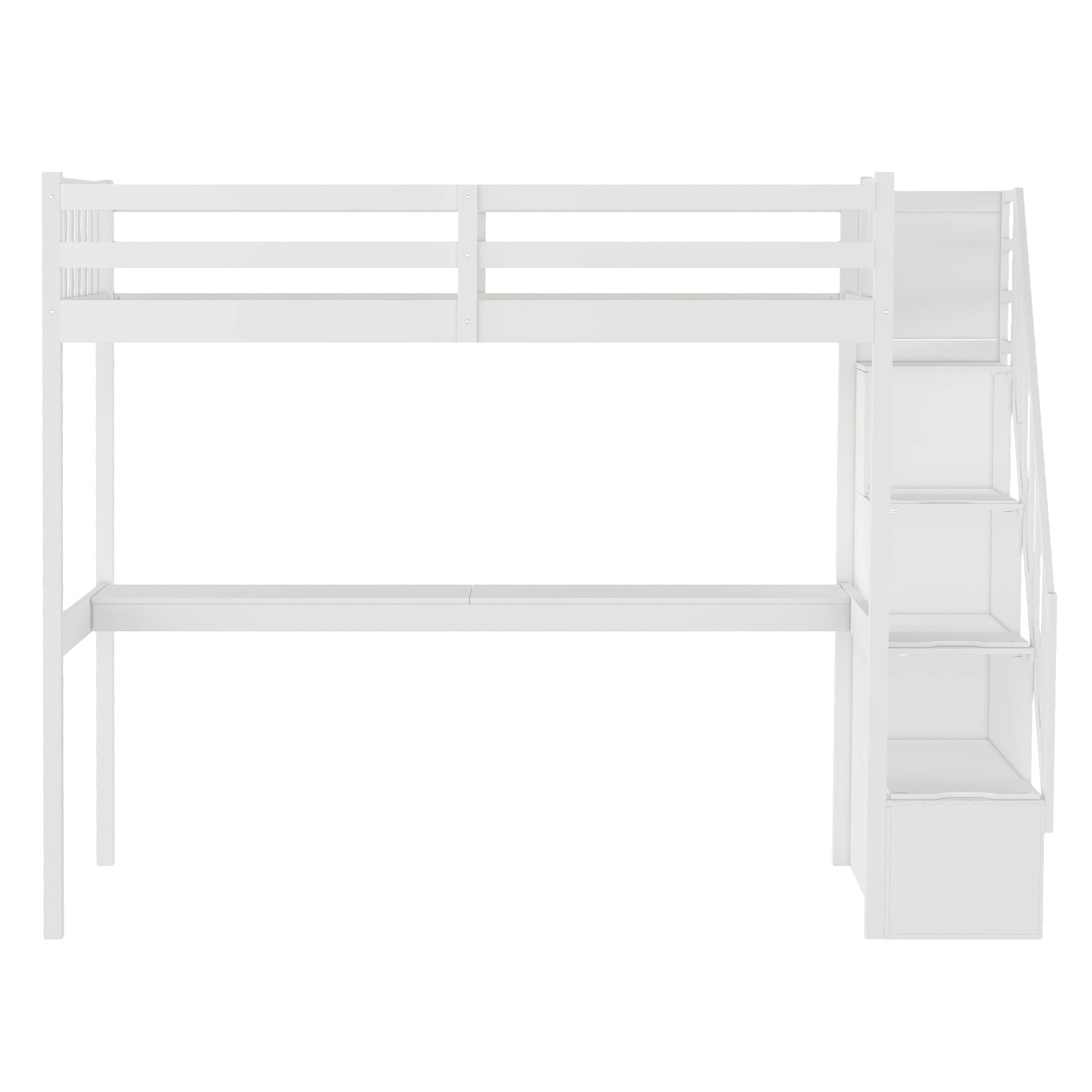 White Twin Size Loft Bed with Built In Desk and Stairway