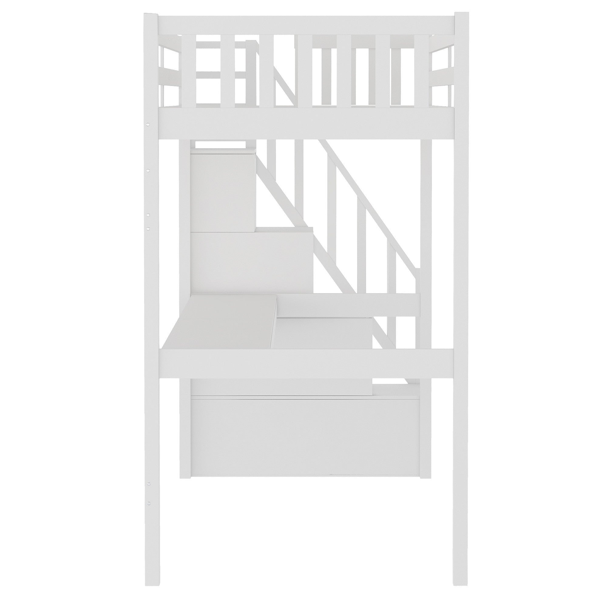 White Twin Size Loft Bed with Built In Desk and Stairway