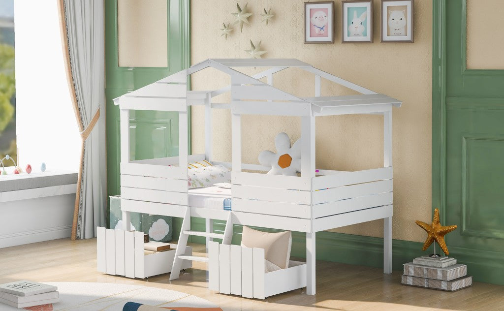 White Twin Size Loft Bed with Play House Roof and Two Drawers