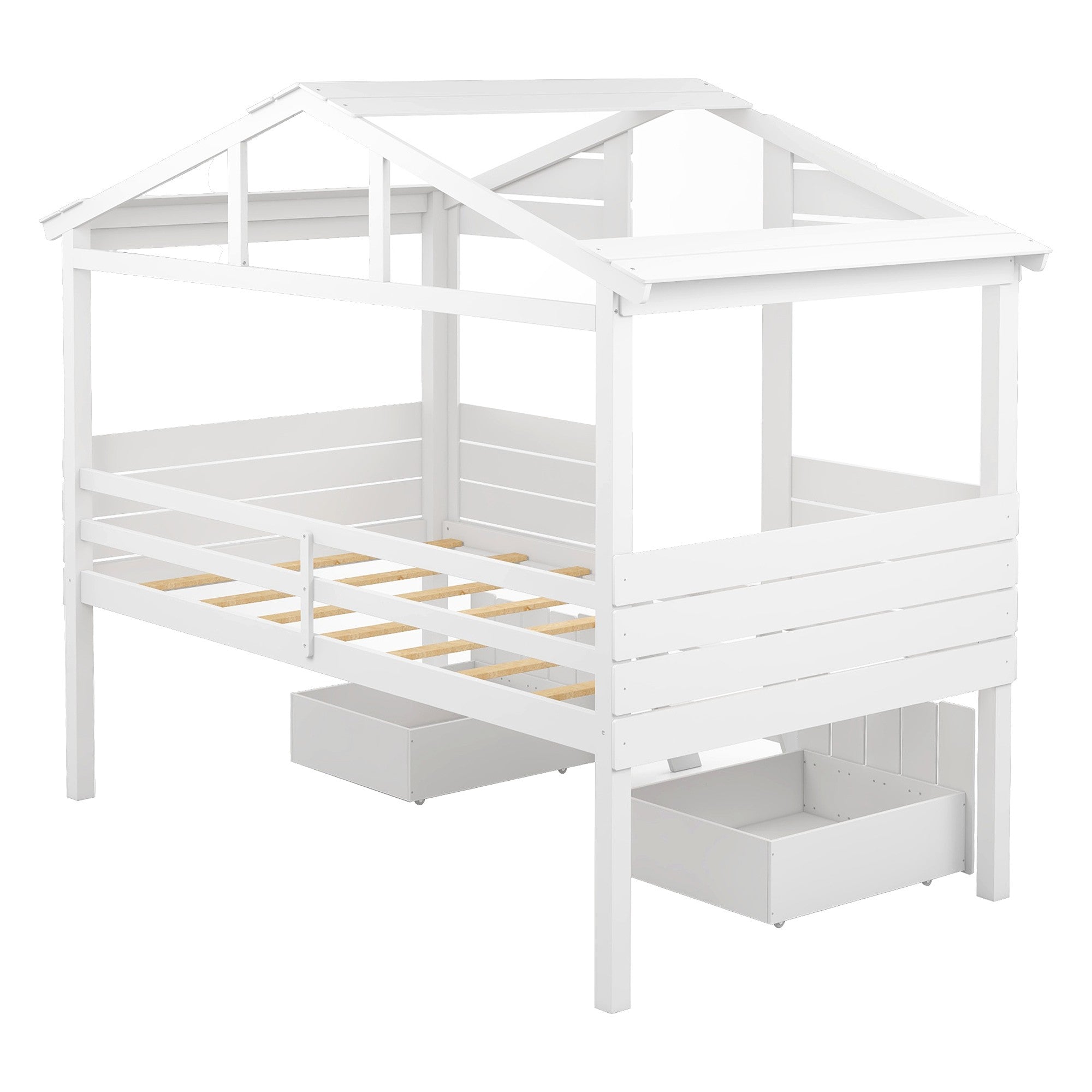 White Twin Size Loft Bed with Play House Roof and Two Drawers