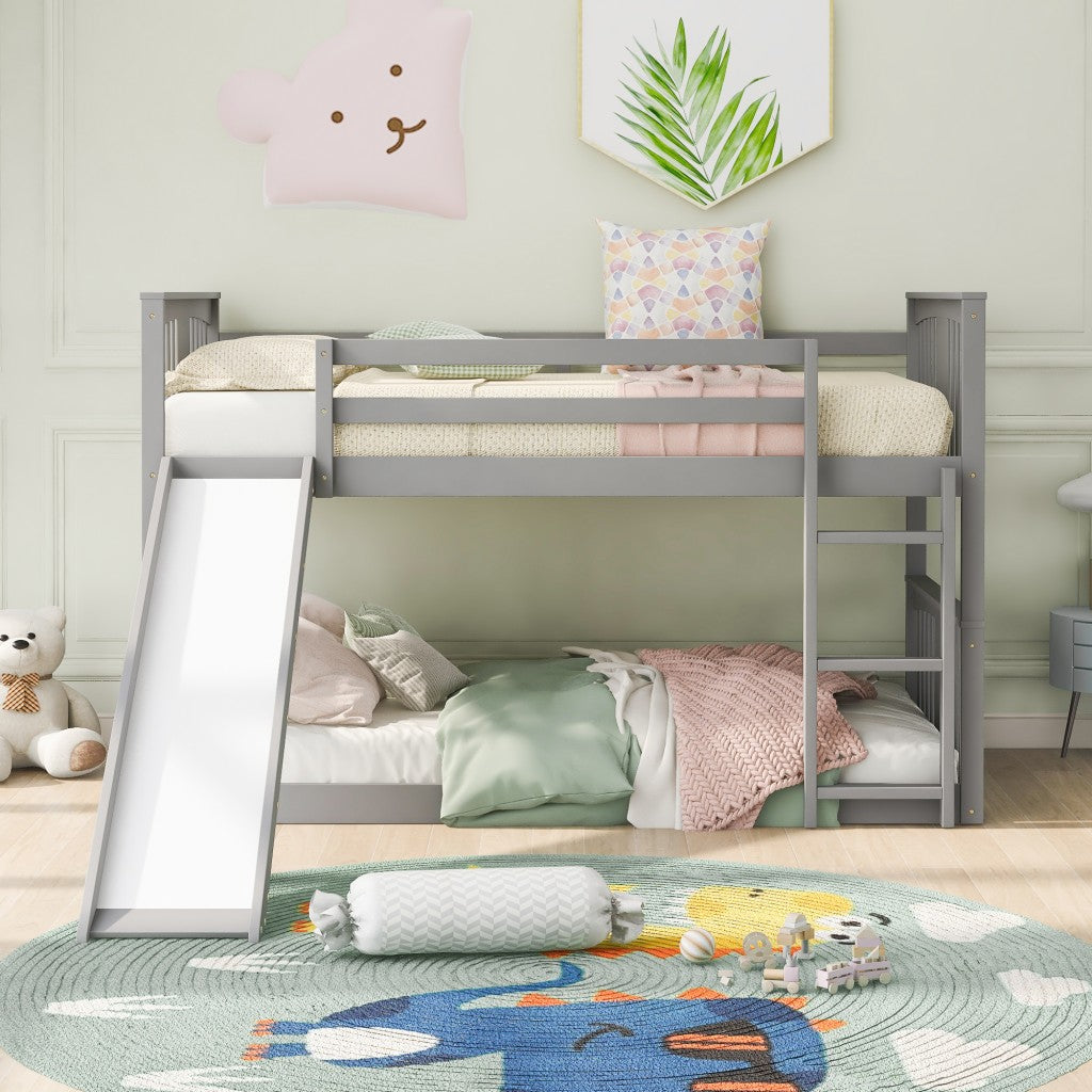 Gray Classic Twin Over Twin Bunk Bed with Ladder and Slide