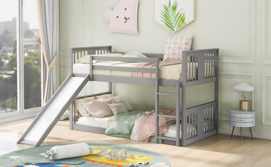 Gray Classic Twin Over Twin Bunk Bed with Ladder and Slide