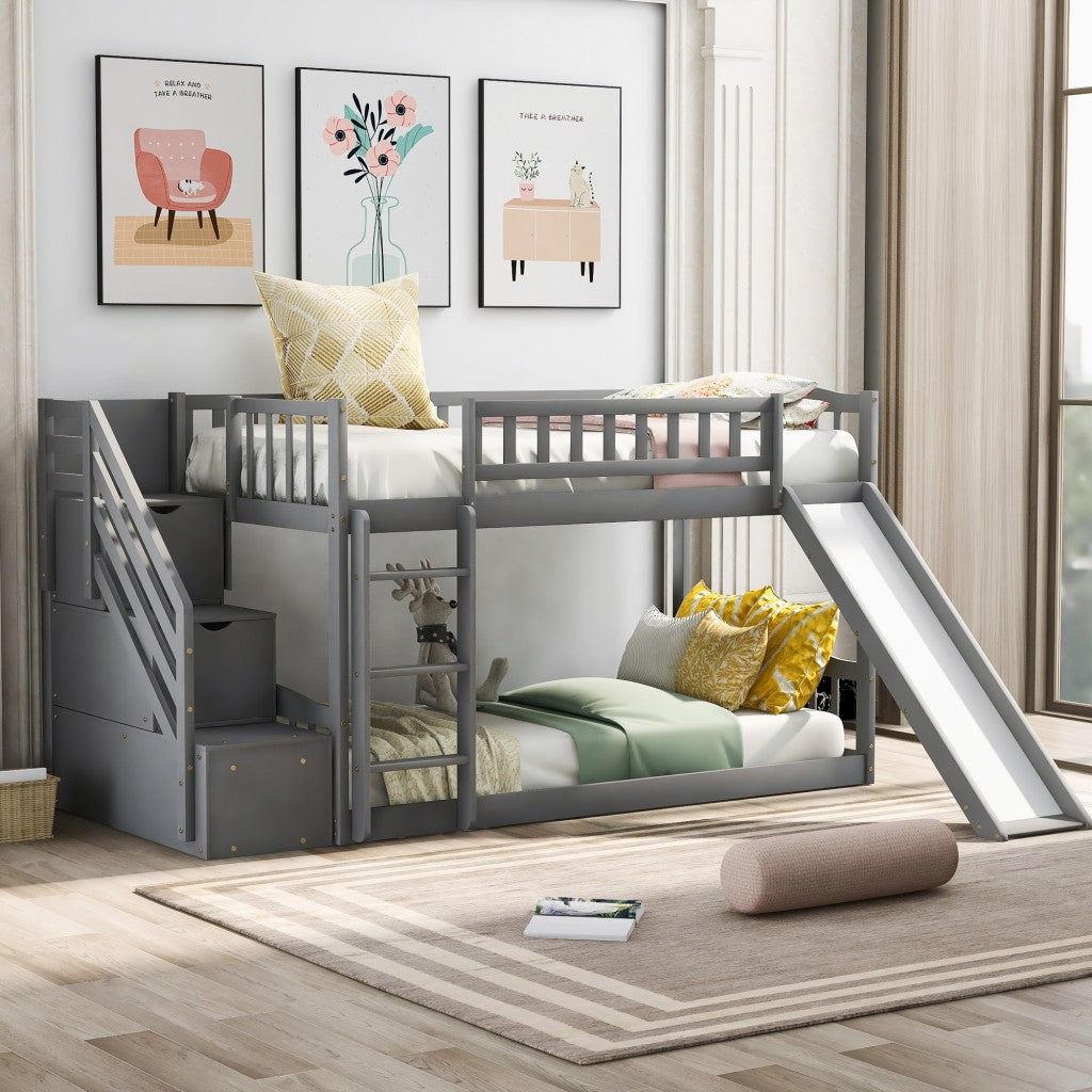 Gray Twin Over Twin Bunk Bed with Storage Stairs and Slide