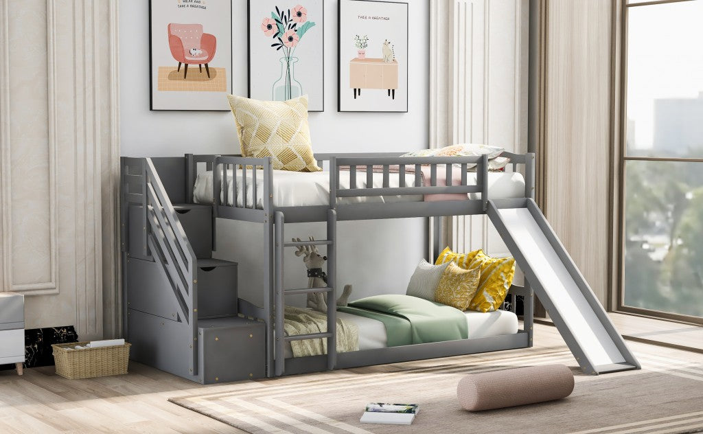 Gray Twin Over Twin Bunk Bed with Storage Stairs and Slide