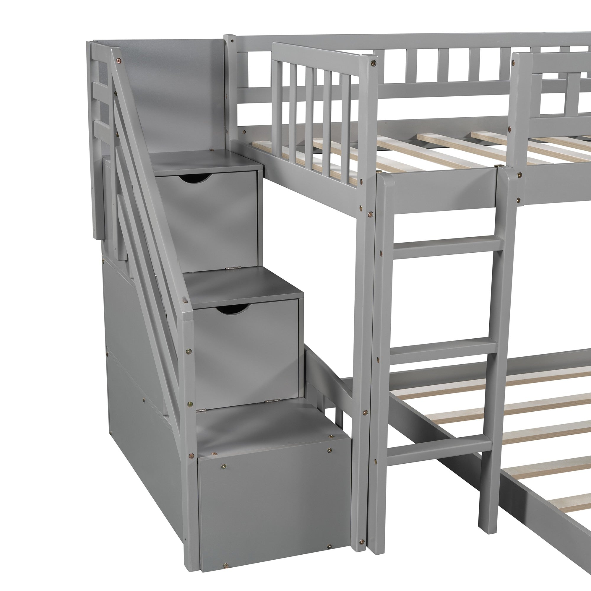 Gray Twin Over Twin Perpendicular Bunk Bed with Storage Stairs and Slide