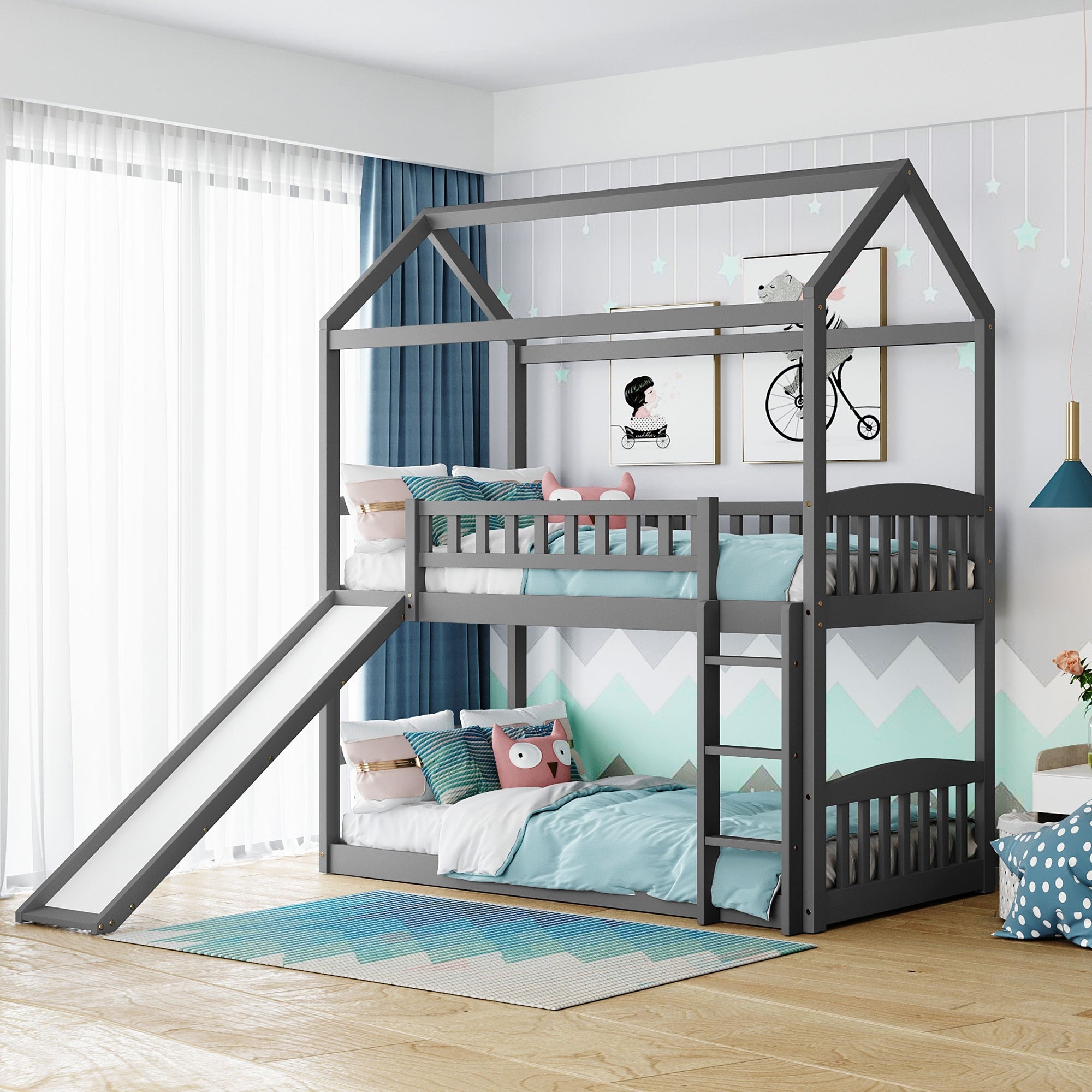 Gray Playhouse Frame Full Over Full Bunk Bed with Slide