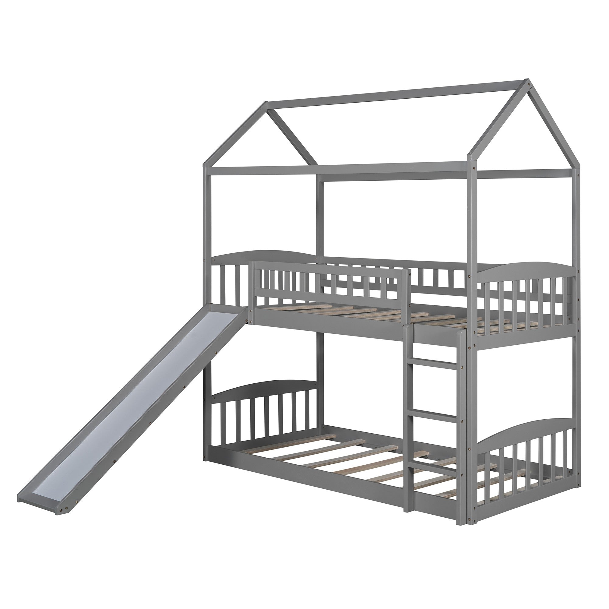 Gray Playhouse Frame Full Over Full Bunk Bed with Slide