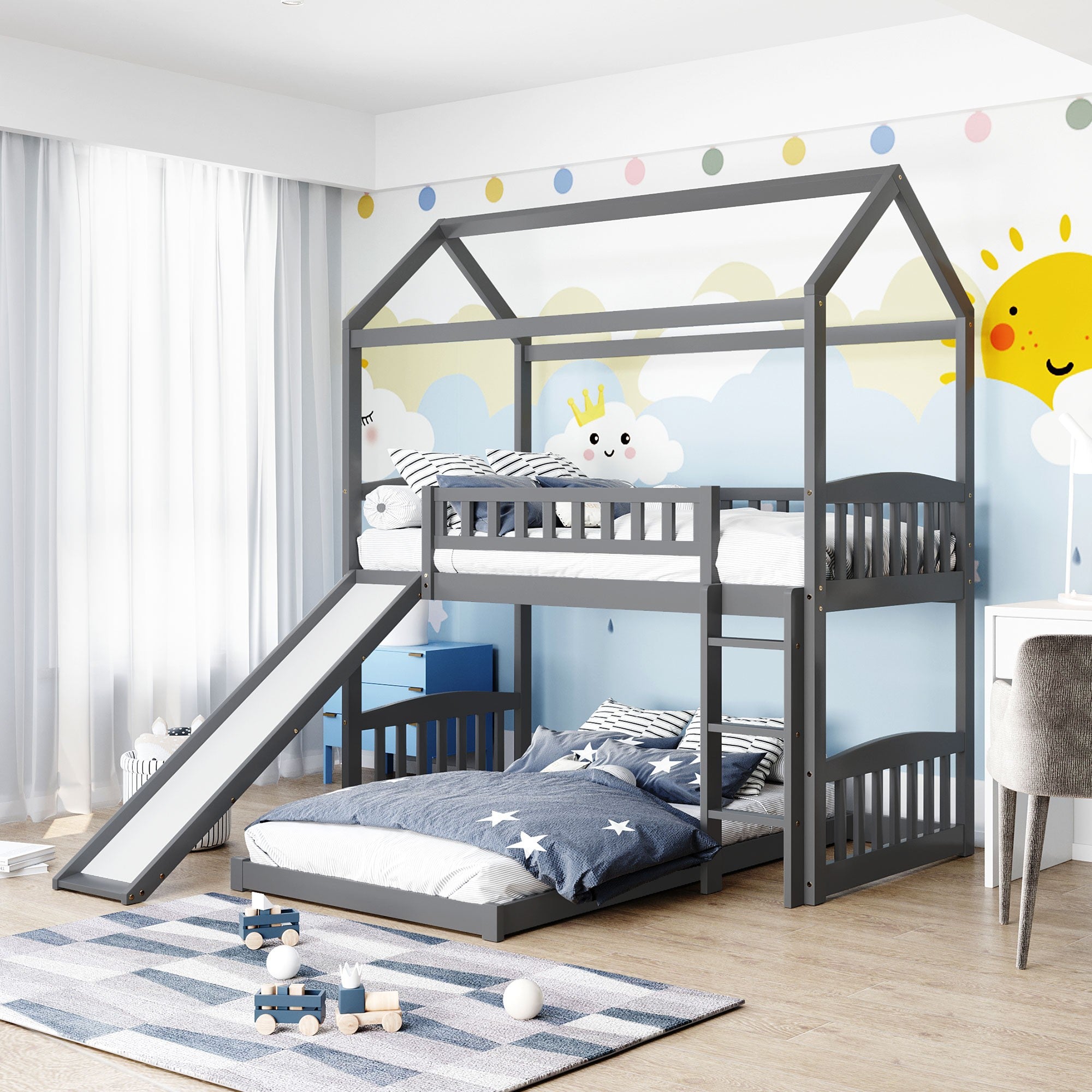 Gray Playhouse Frame Full Over Full Perpendicular Bunk Bed with Slide Default Title