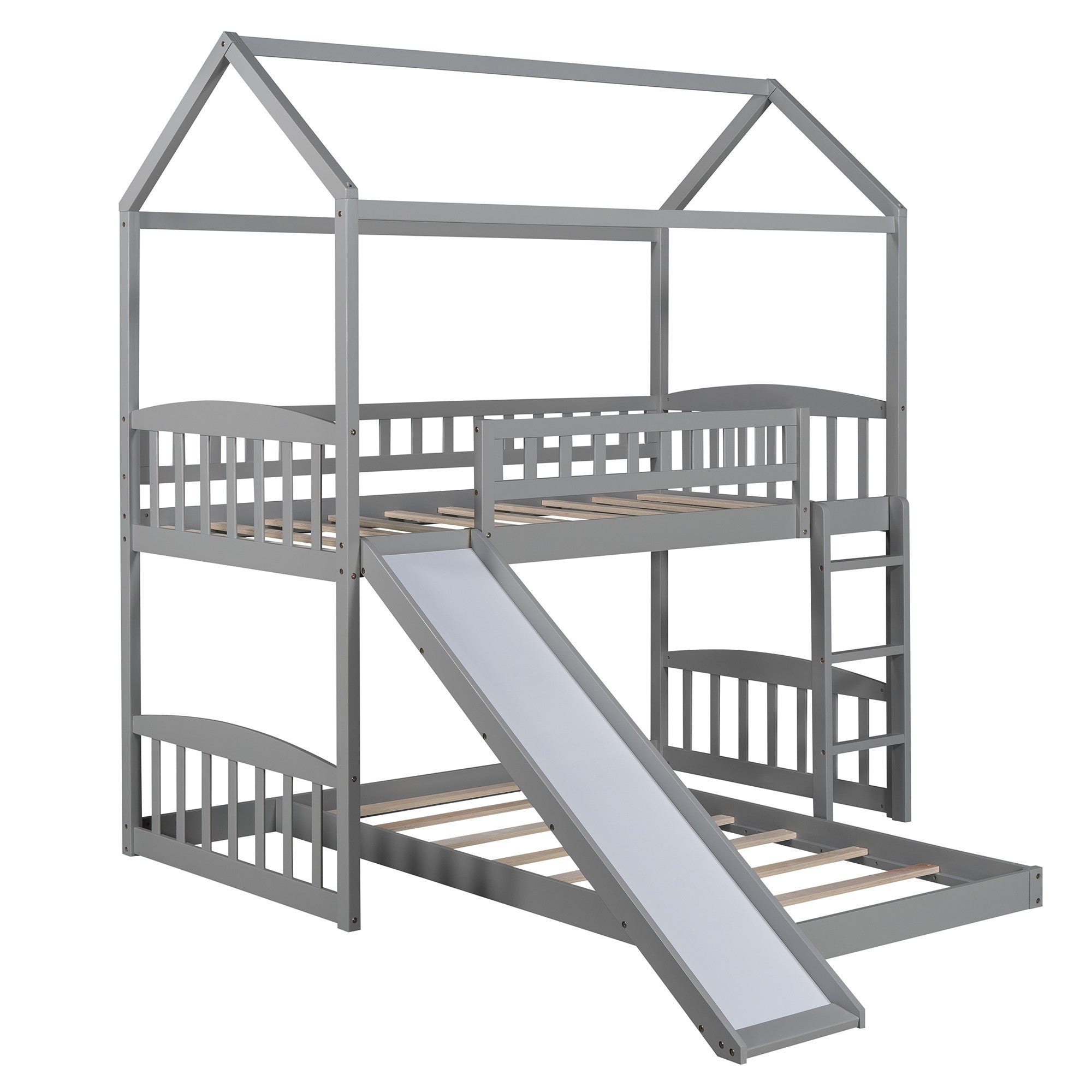 Gray Playhouse Frame Full Over Full Perpendicular Bunk Bed with Slide Default Title