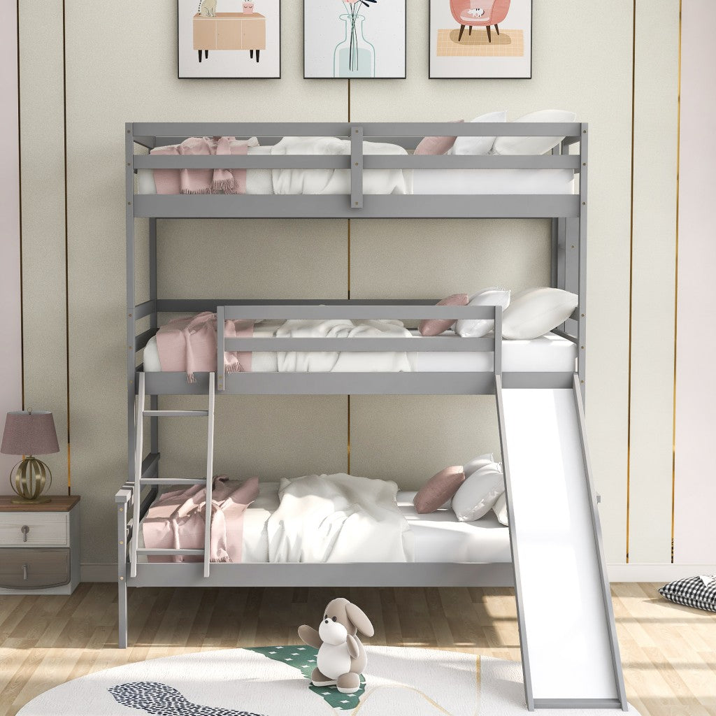 Gray Twin Over Twin Over Full Triple Bunk Bed with Slide