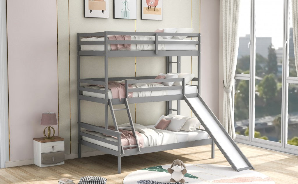 Gray Twin Over Twin Over Full Triple Bunk Bed with Slide