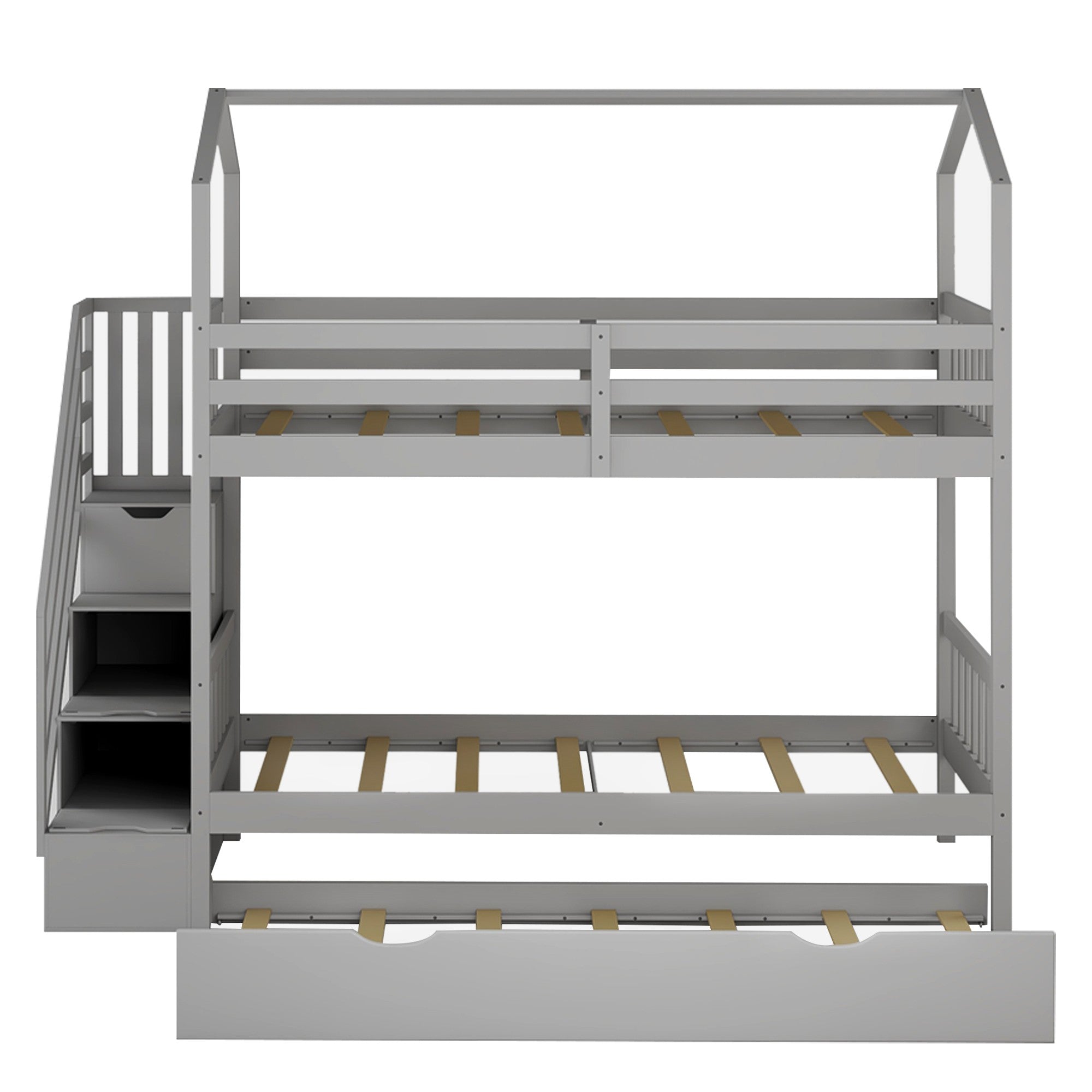 Gray Twin Over Twin Playhouse Bunk Bed with Trundle and Staircase Default Title