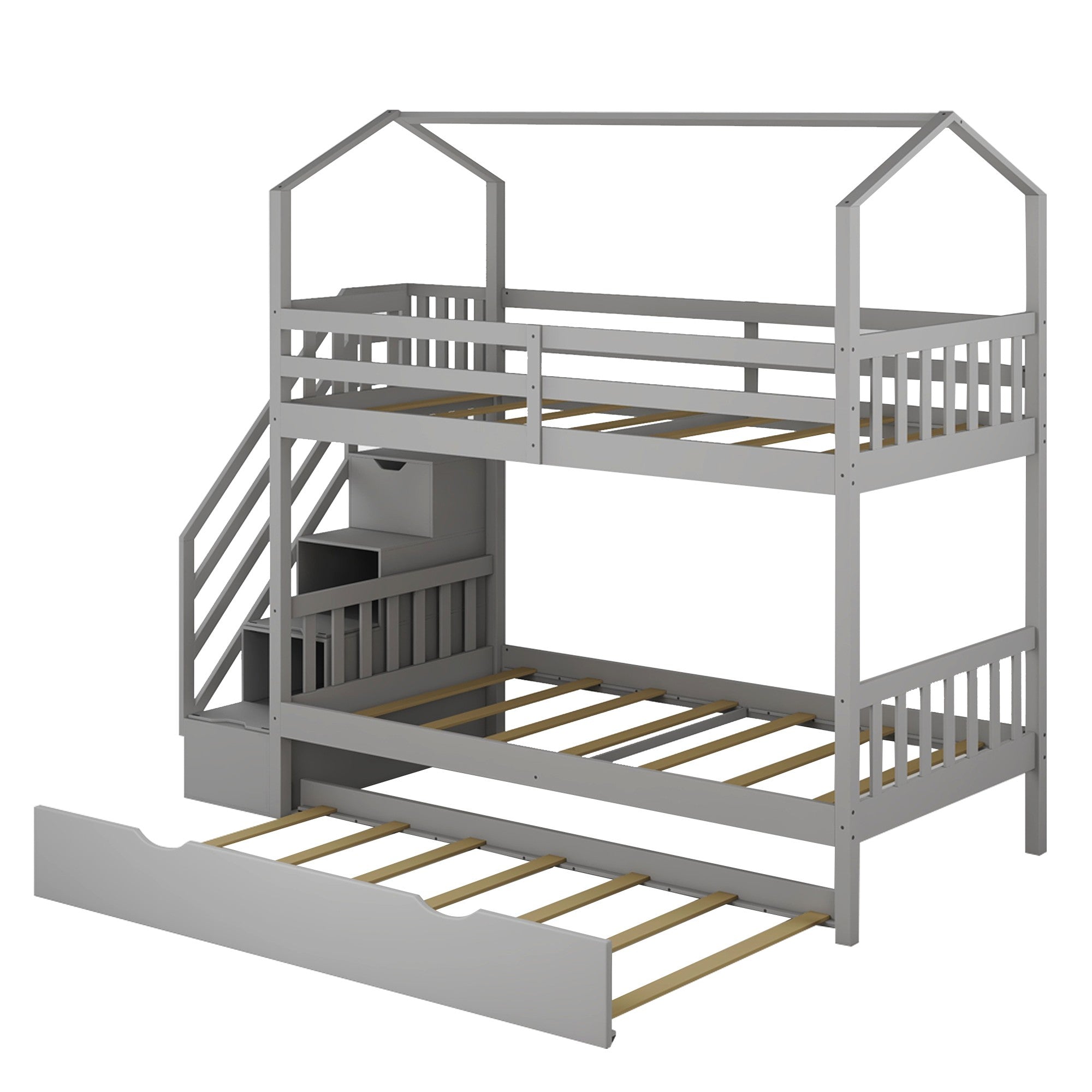 Gray Twin Over Twin Playhouse Bunk Bed with Trundle and Staircase Default Title
